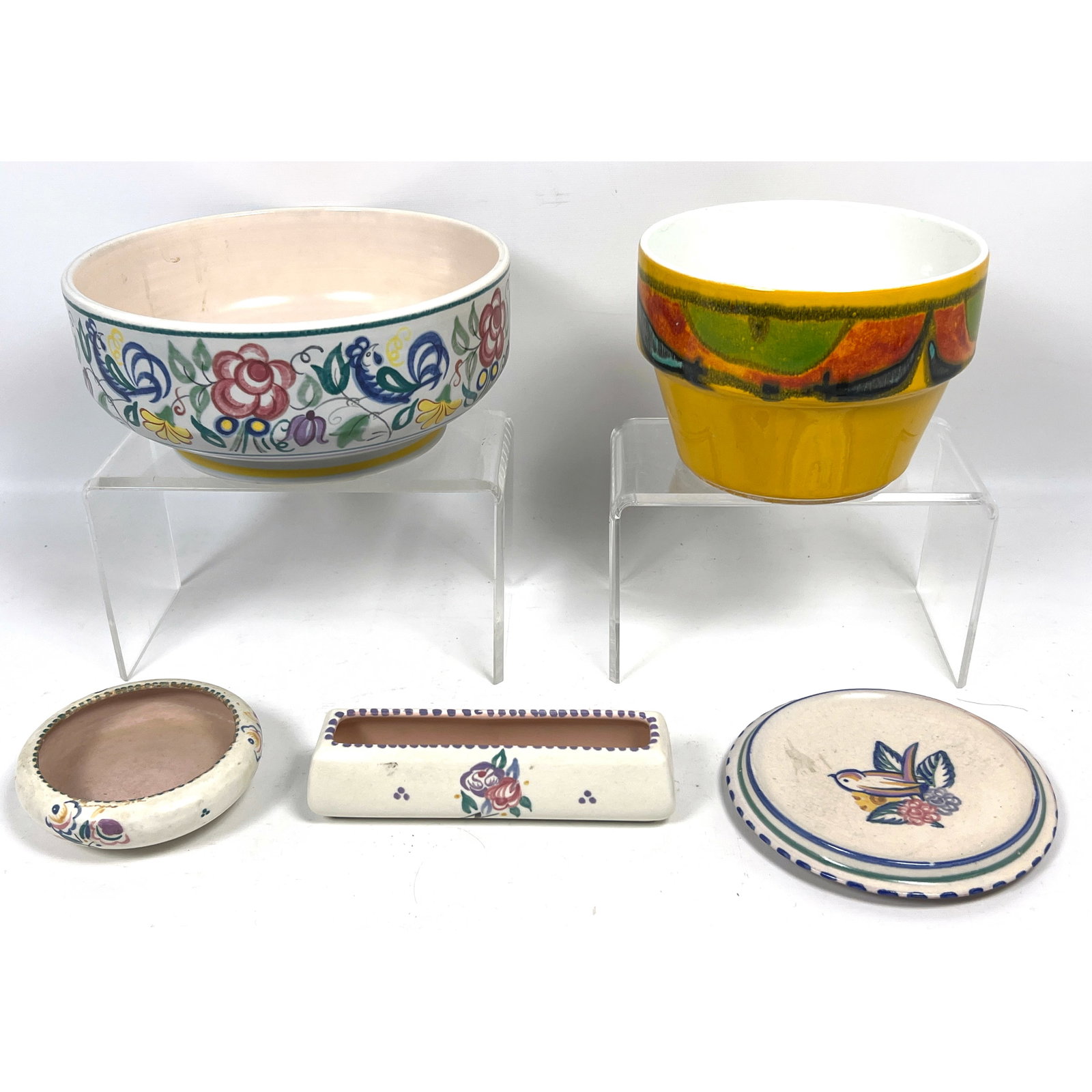 5pc POOLE England MCM Art Pottery. 1) Large POOLE Bowl. 2) Yellow POOLE Bowl Planter. 3) Round Dish (1 of 18)
