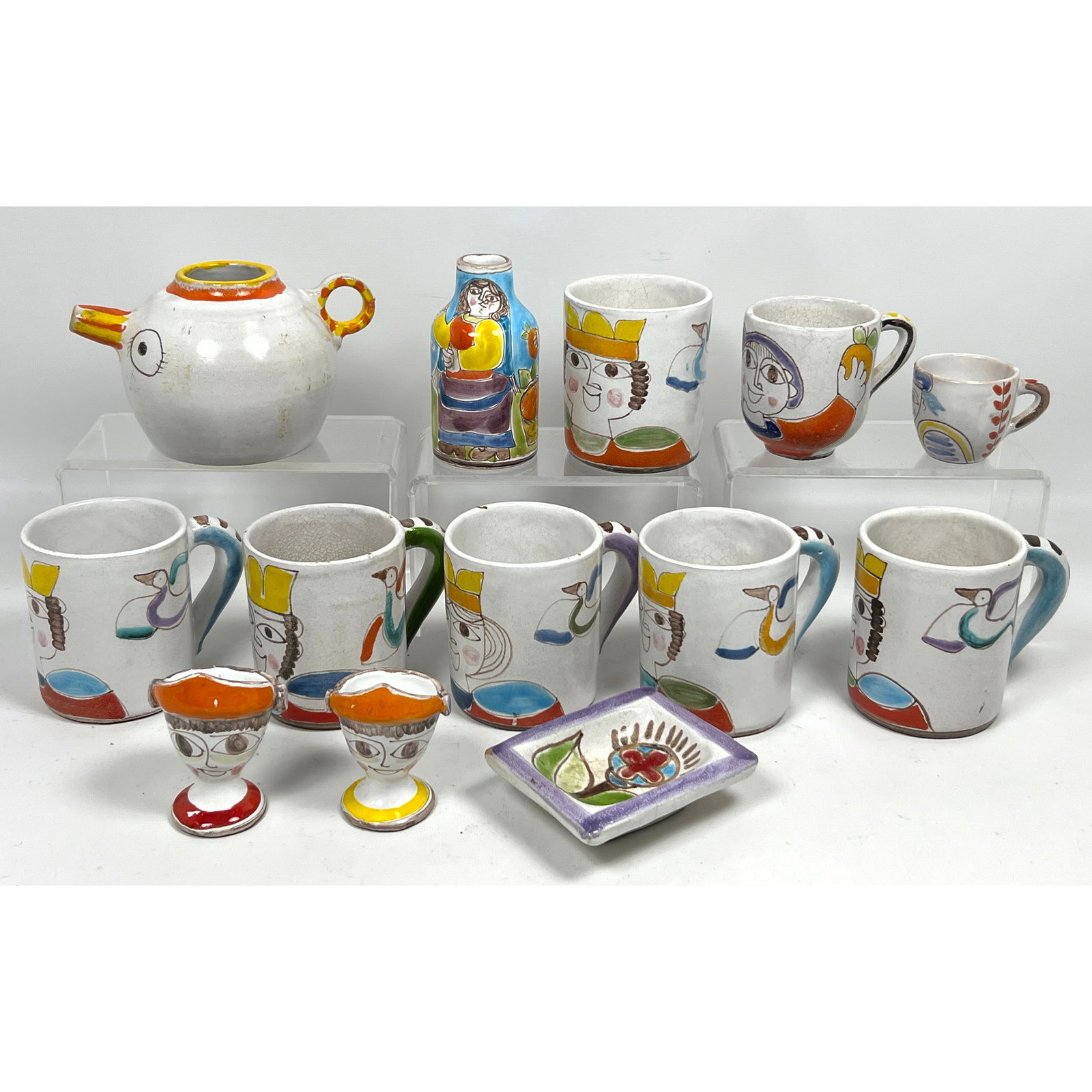 13pcs Hand Painted De Simone Art Pottery. Italian. Mugs, Teapot, Egg Cups, Dish, Cups. (1 of 20)