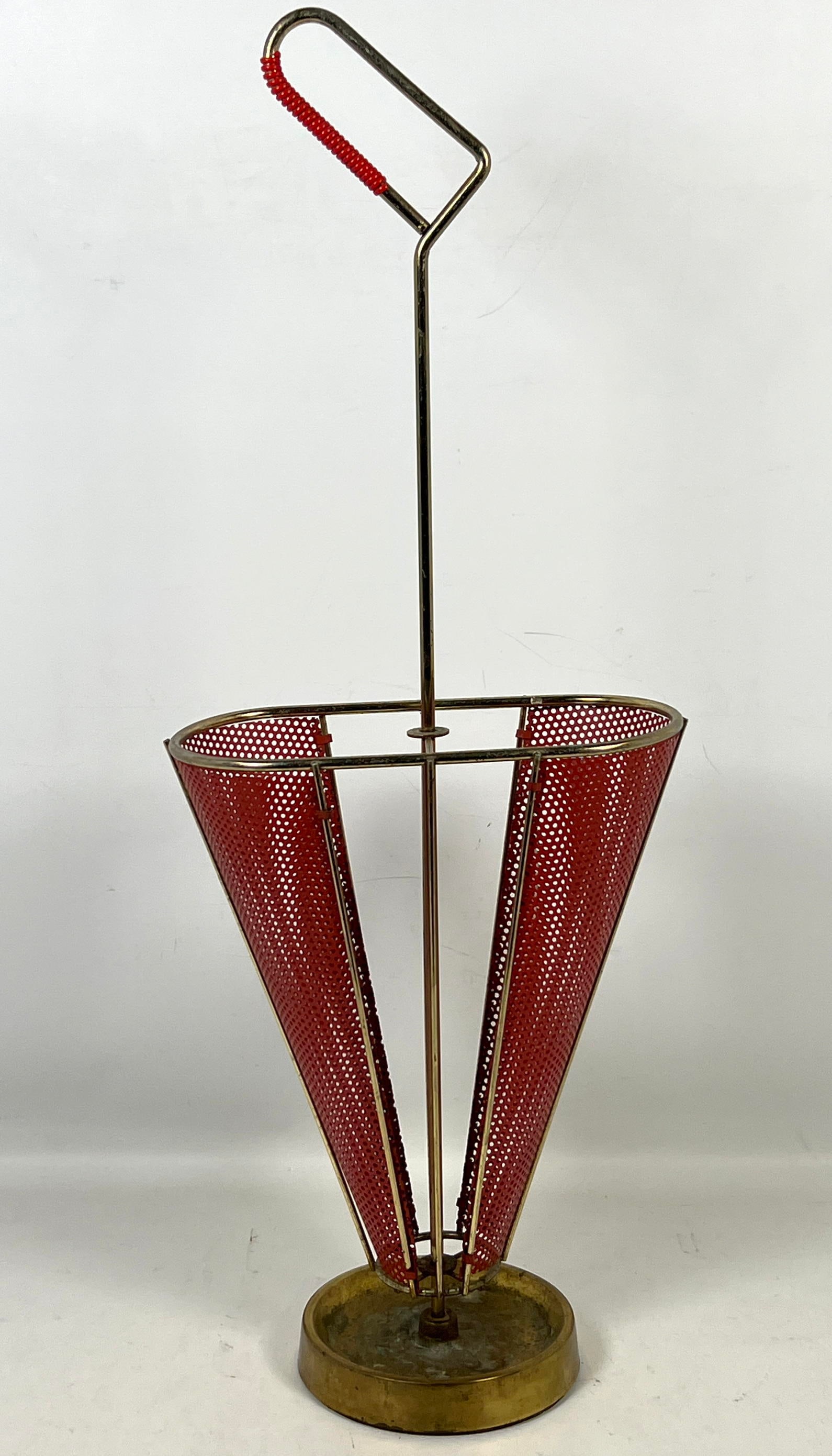 MATHIEU MATEGOT French Modernist Umbrella Stand. Vintage Brass Frame with Red Perforated Metal Sheet (1 of 10)