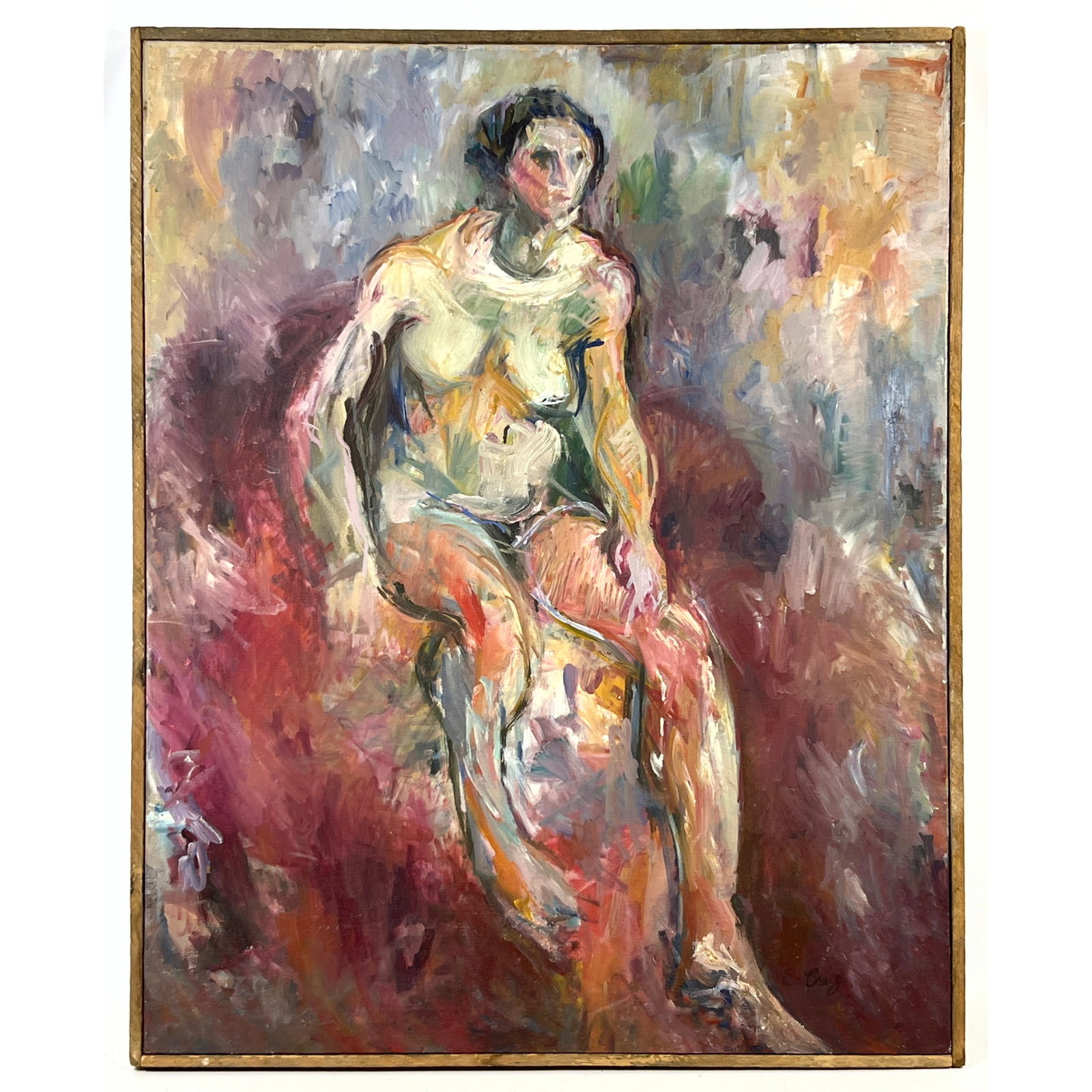 Modernist figural oil painting on canvas. Signed Cruz, 1960s.: Modernist figural oil painting on canvas. Signed Cruz, 1960s. Dimensions: Height: 39 inches, Width: 31 inches. ---