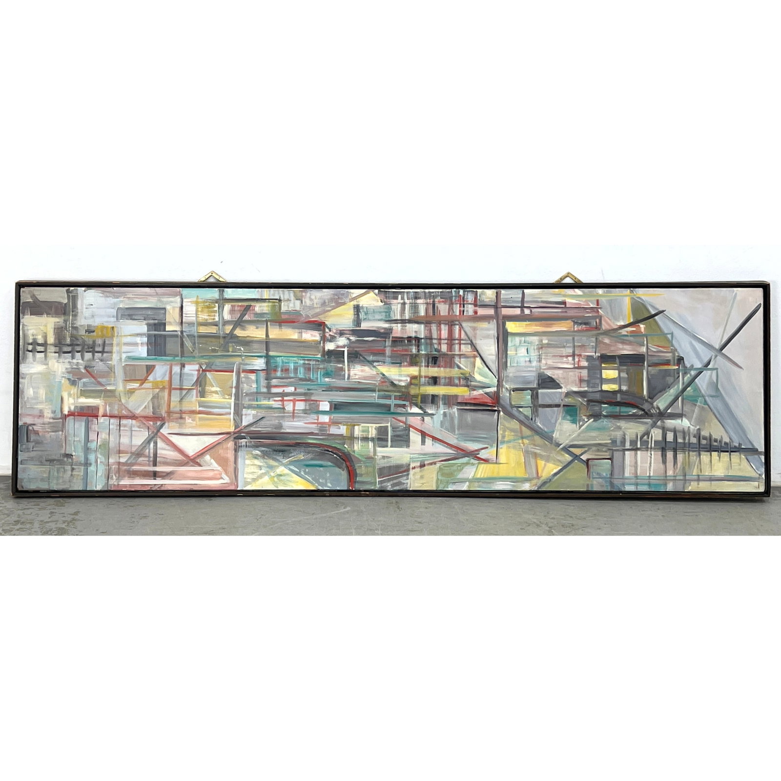 Colorful Mid Century Modern Abstract Painting on Panel. Unsigned.: Colorful Mid Century Modern Abstract Painting on Panel. Unsigned. Dimensions: Frame Height: 18 inches, Frame Width: 59 inches. - Image Size: Image Height: 16.25 inches, Image Width: 58 inches. ---