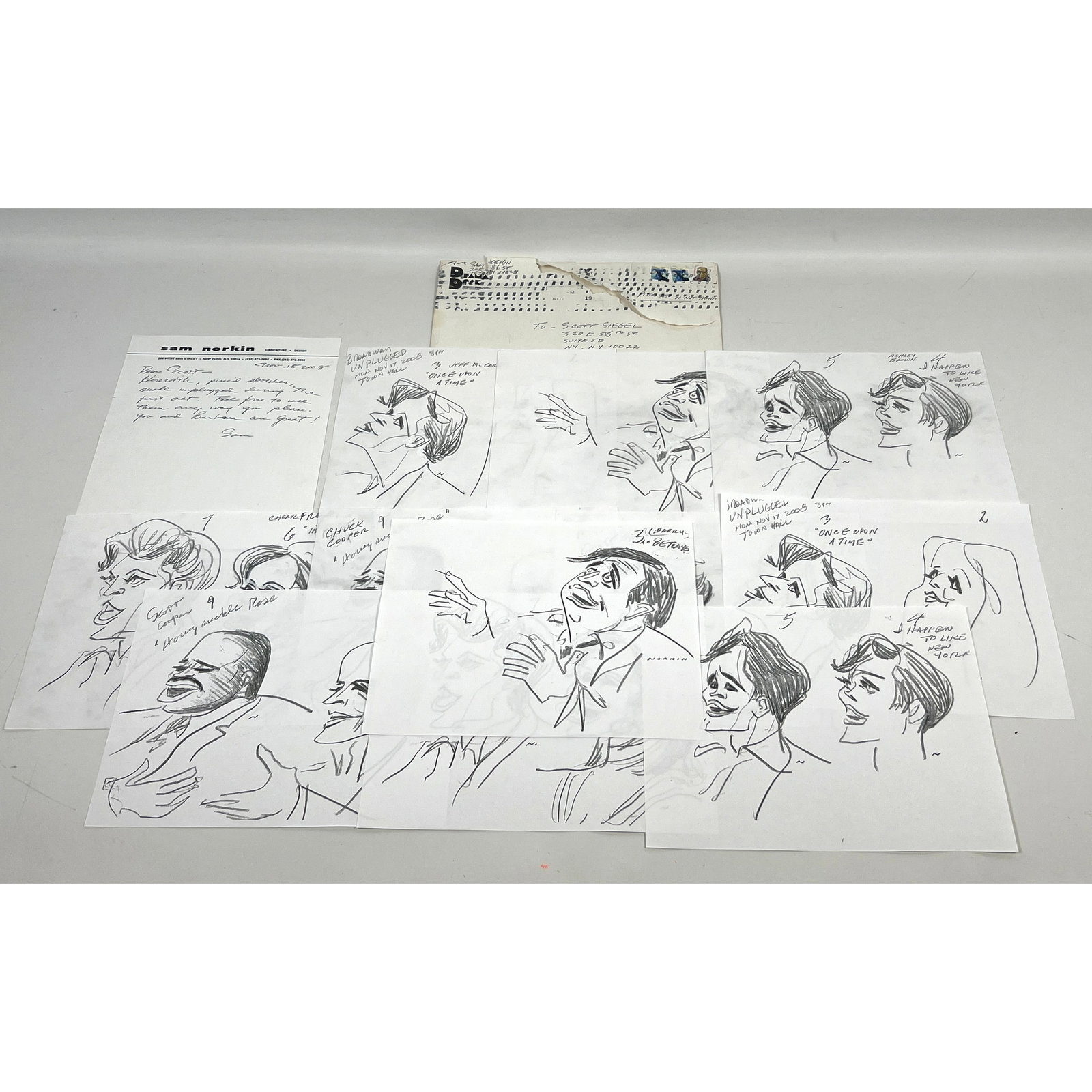 11pc Collection of original graphite caricature drawings by the renowned American theatrical artist: 11pc Collection of original graphite caricature drawings by the renowned American theatrical artist Sam Norkin The sketches were executed during the first act of the Broadway Unplugged concert held