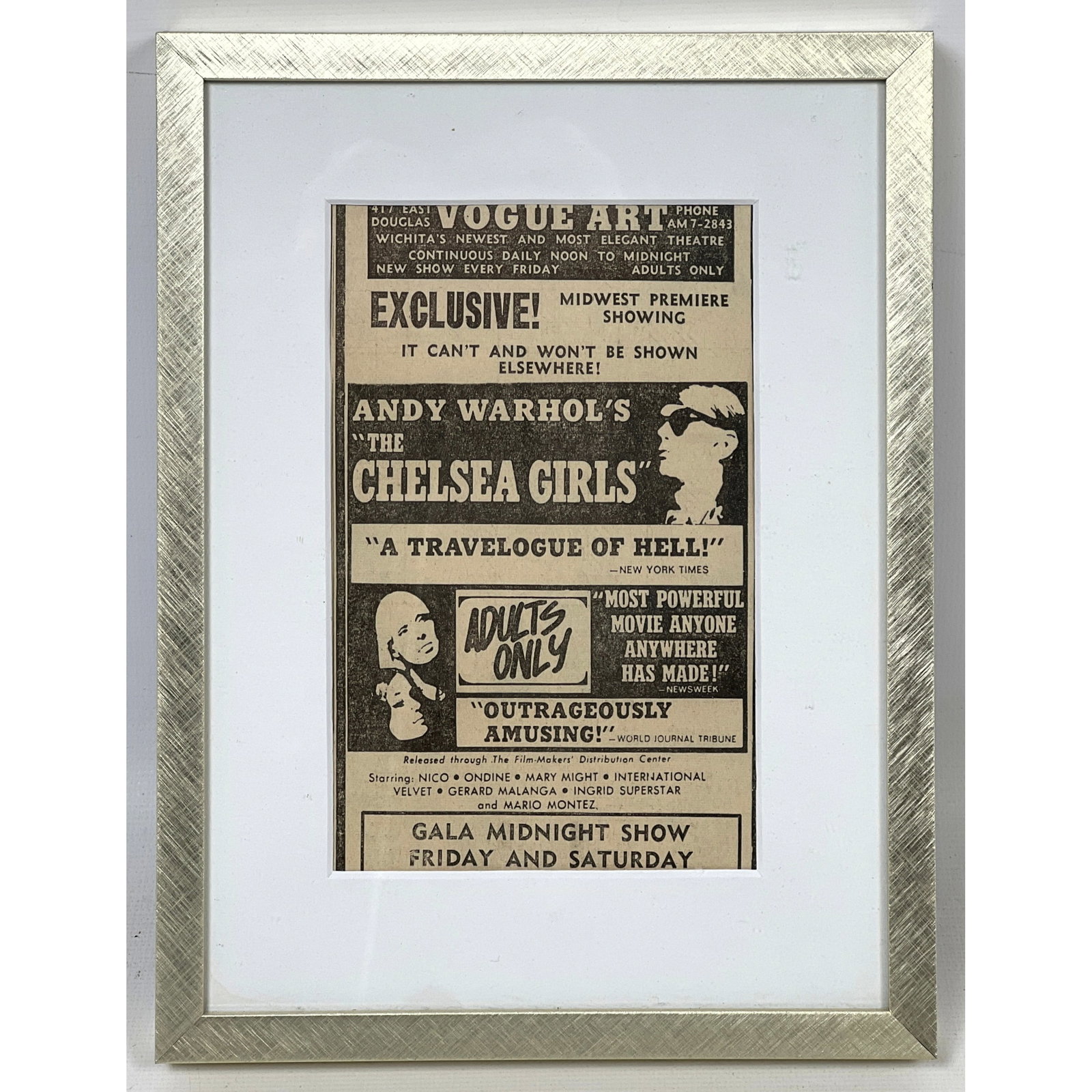 1968 Warhol Chelsea girls advertisement clipping.: 1968 Warhol Chelsea girls advertisement clipping. Dimensions: Frame Height: 8.5 inches, Frame Width: 6.5 inches. - Image Size: Image Height: 5.5 inches, Image Width: 3.5 inches. ---