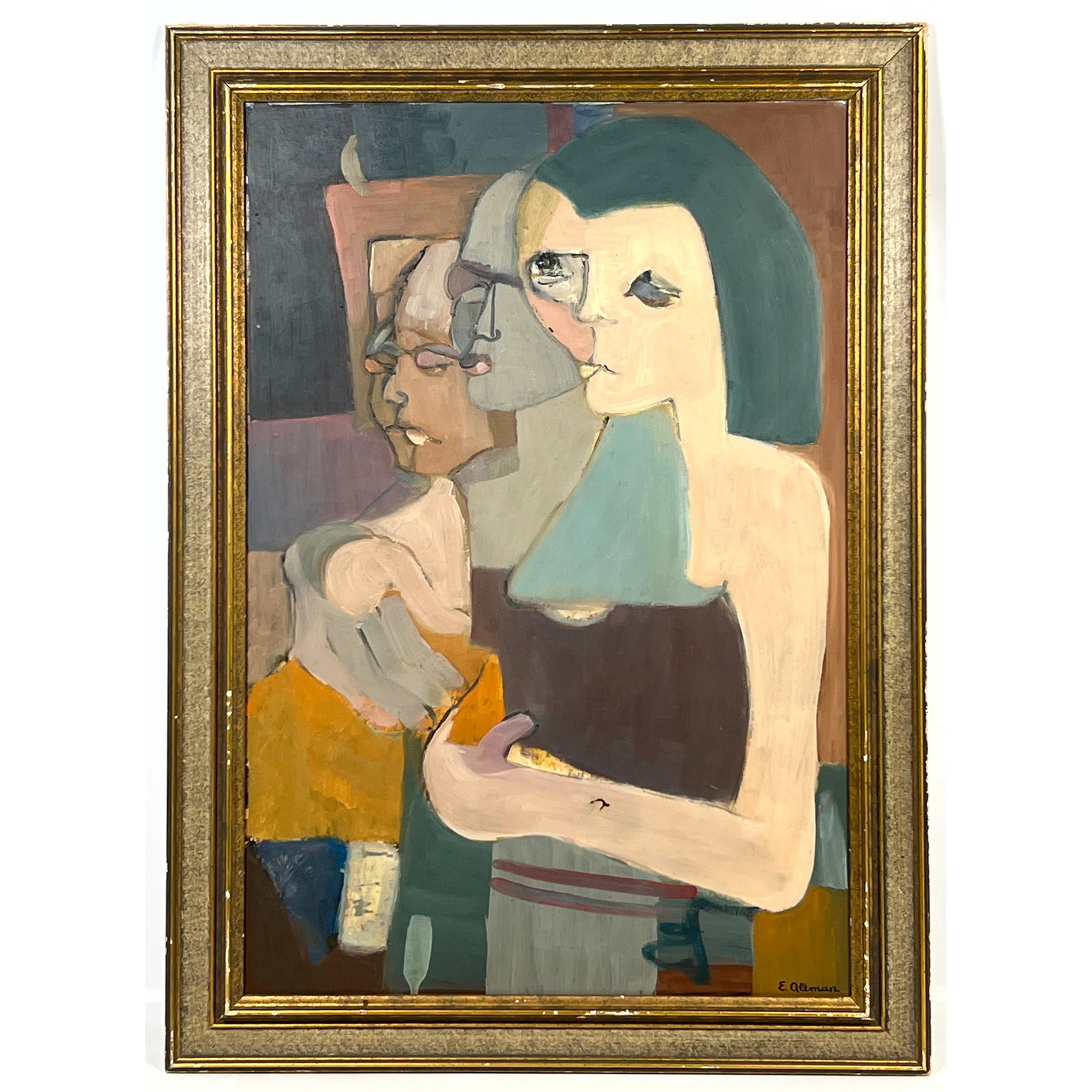 E Altman Modernist Figure Painting on Board. Picasso inspired.: E Altman Modernist Figure Painting on Board. Picasso inspired. Dimensions: Frame Height: 33.75 inches, Frame Width: 23.25 inches. - Image Size: Image Height: 28 inches, Image Width: 18.25 inches. ---
