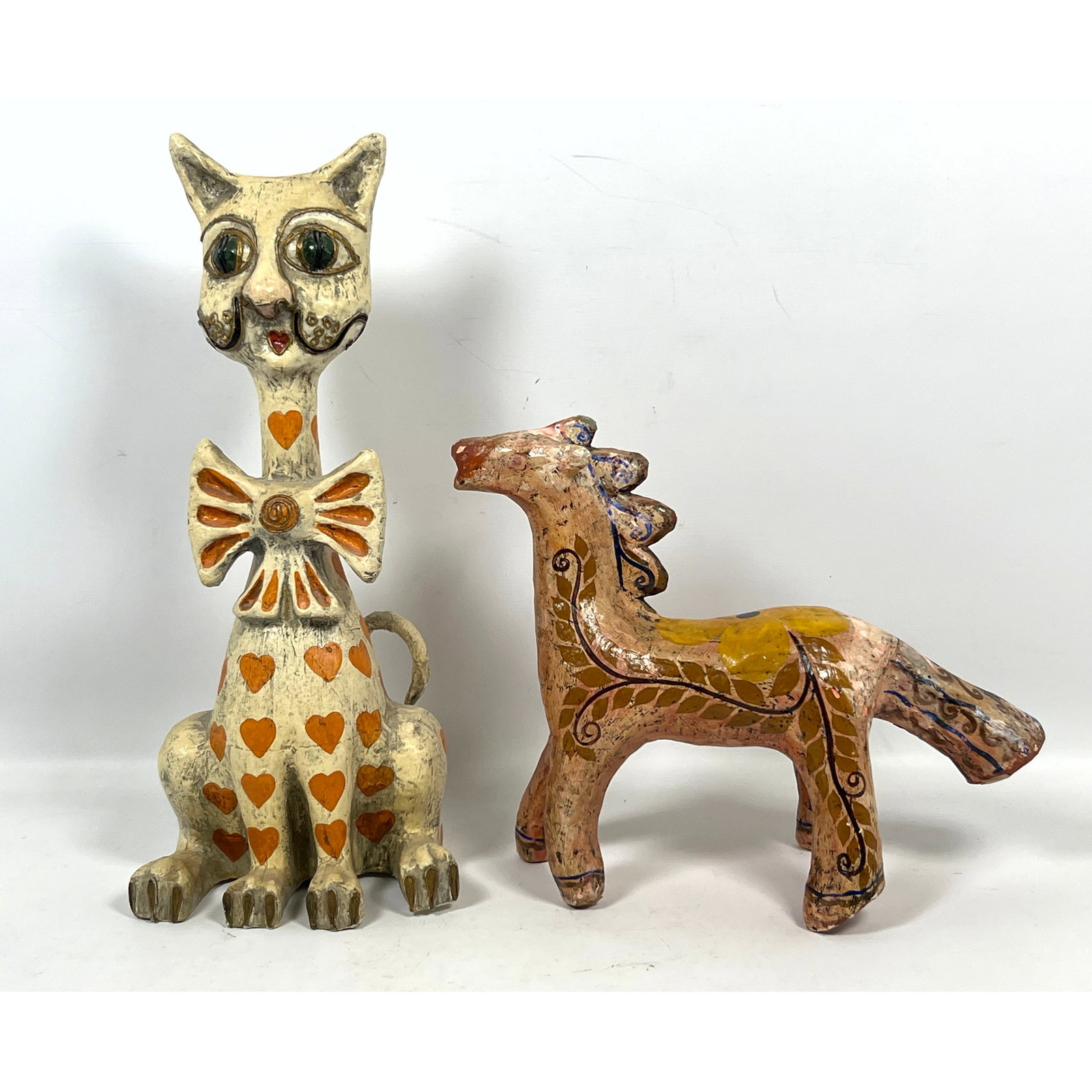 2pcs Mexican Paper Mache Sculptures. Jeanne Valentine Cat and Serrano Horse.: 2pcs Mexican Paper Mache Sculptures. Jeanne Valentine Cat and Serrano Horse. Dimensions: Height: 17.25 inches, Width: 8 inches, Depth: 6 inches. - Additional Dimensions: Smaller H: 11 inches, W: 11