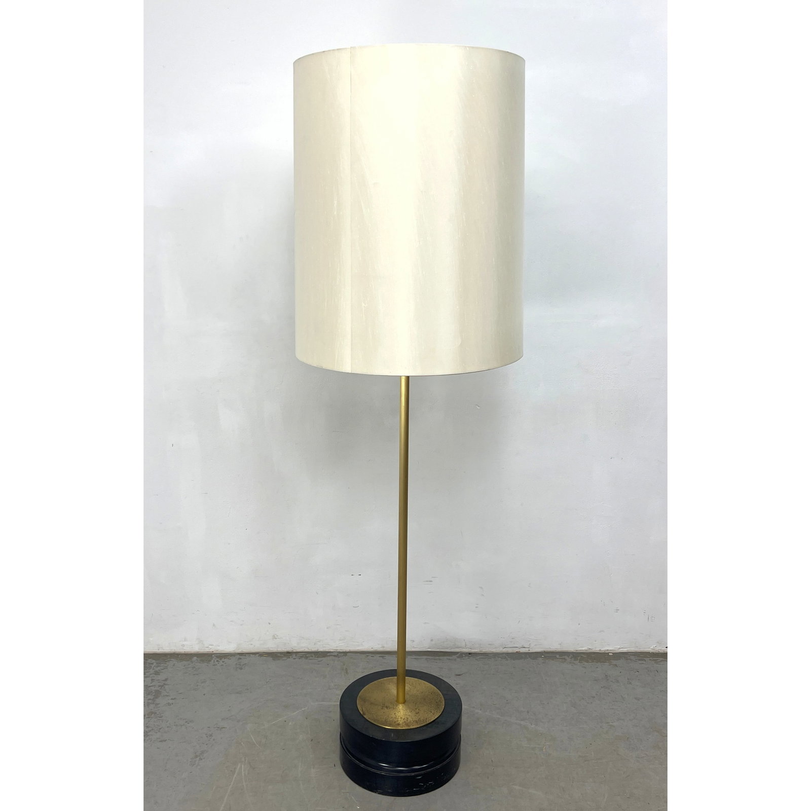 Decorator Oversized floor Lamp. Brass with wood base and large drum shade. (1 of 9)
