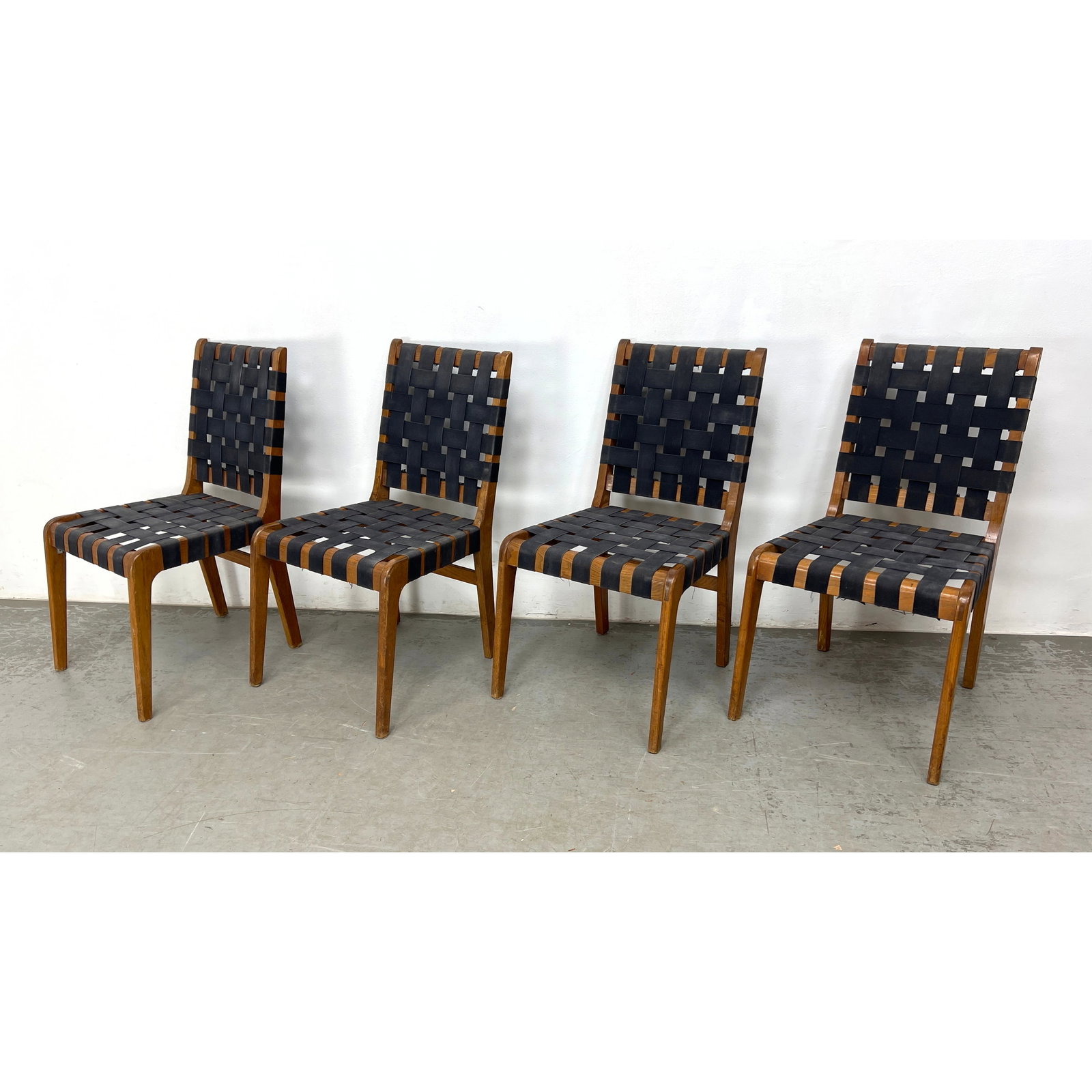 Set of 4 Risom Style Strap Dining Chairs.: Set of 4 Risom Style Strap Dining Chairs. Dimensions: Height: 33 inches, Width: 16 inches, Depth: 21 inches. - Seat Height: 17 inches ---