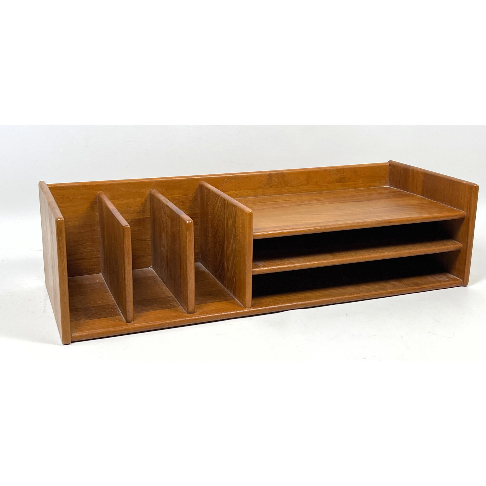 Danish Modern Nordisk Andels-Eksport Teak Desk Organizer. Unmarked.: Danish Modern Nordisk Andels-Eksport Teak Desk Organizer. Unmarked. Dimensions: Height: 6.25 inches, Width: 23.75 inches, Depth: 9 inches. ---