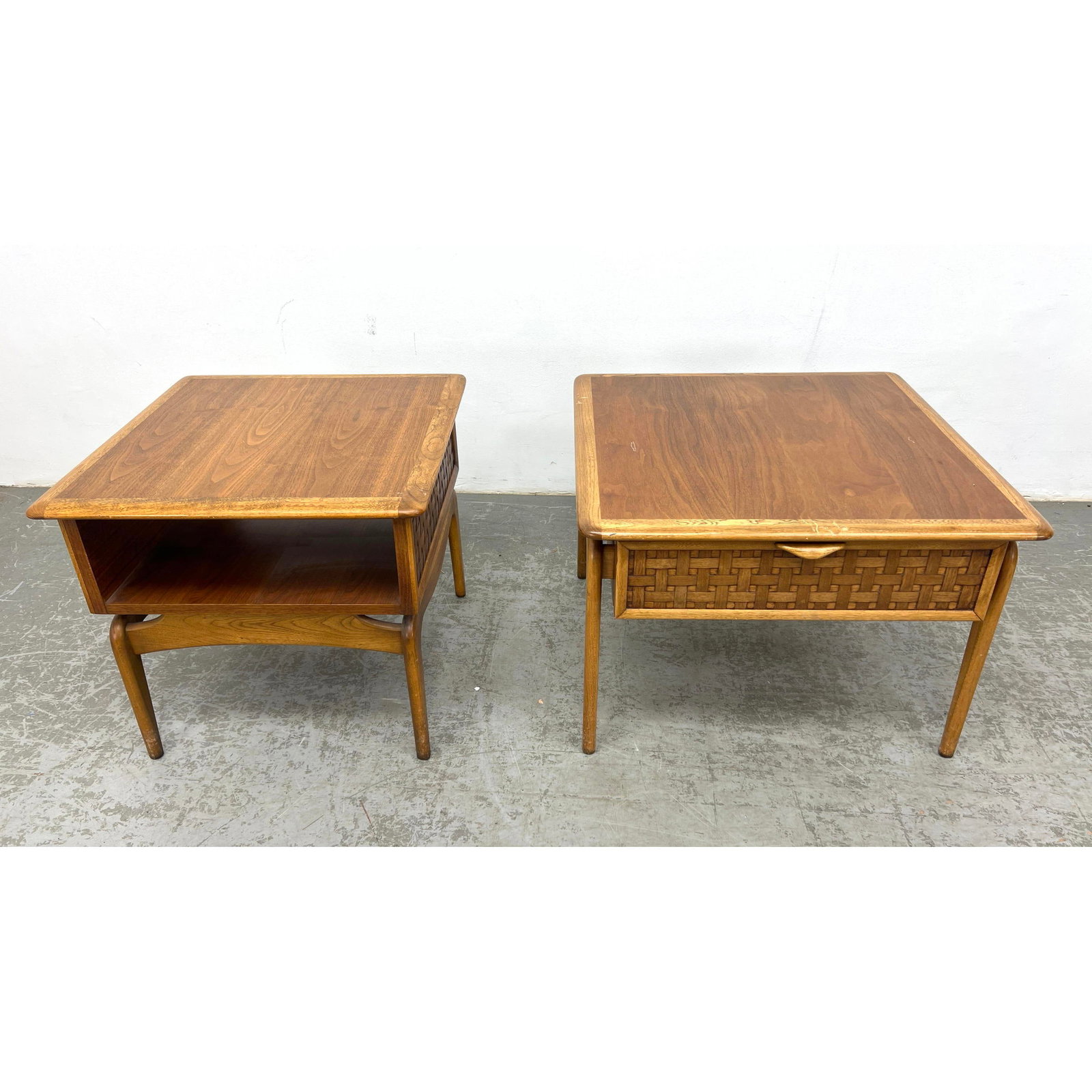 2pcs Lane Perception end tables by Warren Church, Woven Walnut design and Sculptural pulls (1 of 13)