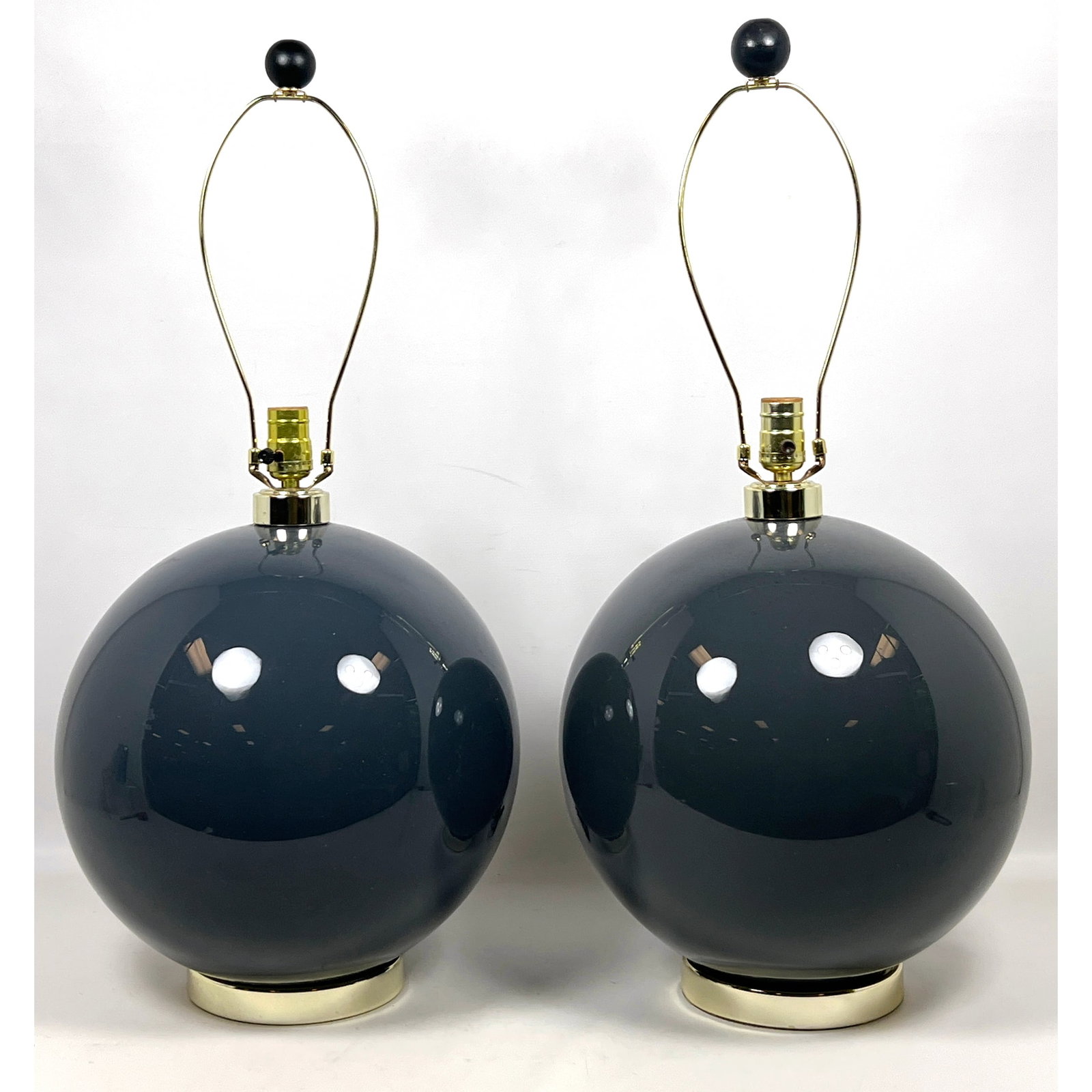 Pair Modernist Green Glass Ball Table Lamps. .: Pair Modernist Green Glass Ball Table Lamps. . Dimensions: Height: 30 inches, Width: 18 inches, Depth: 18 inches. ---