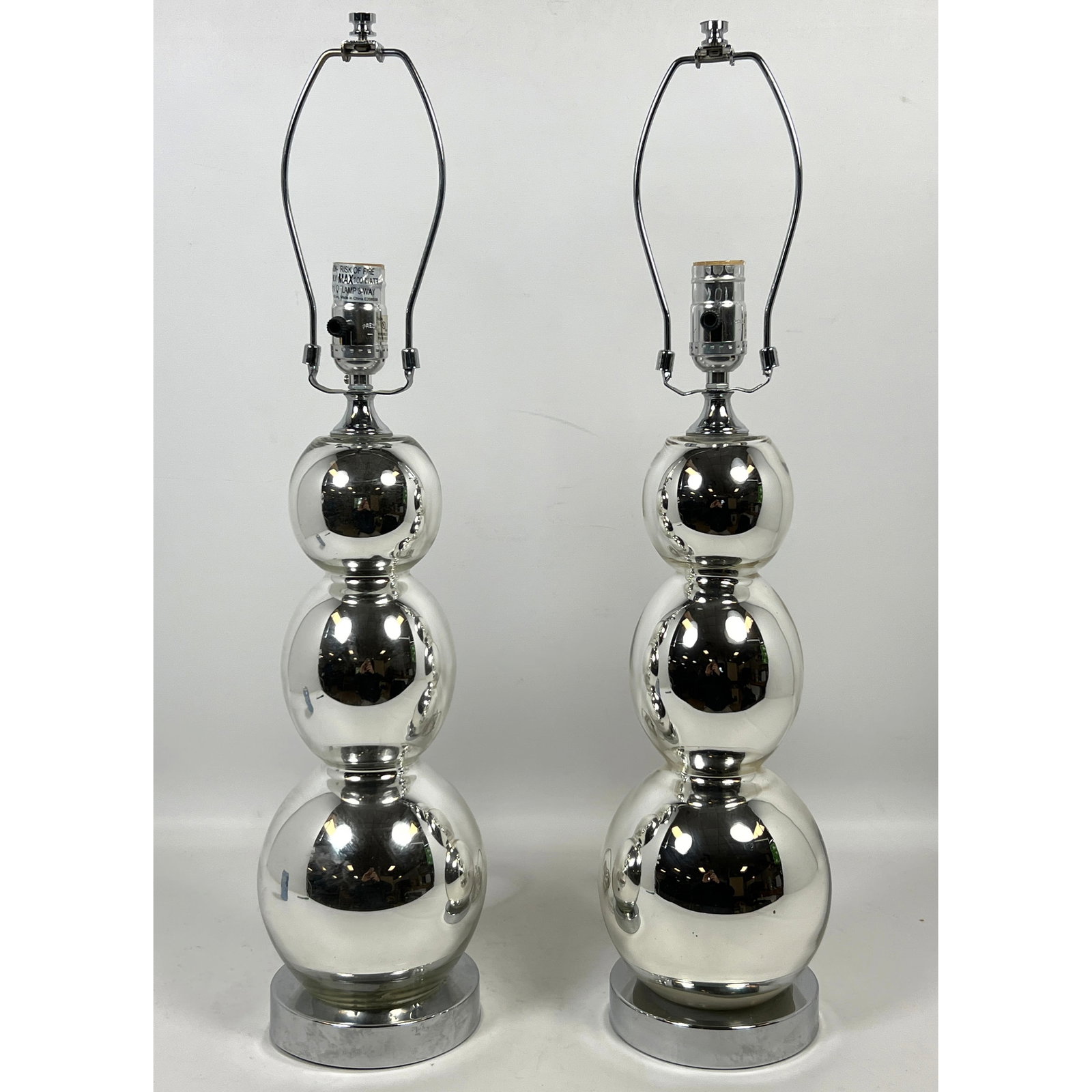 Pair Silvered Glass Triple Ball Table Lamps.: Pair Silvered Glass Triple Ball Table Lamps. Dimensions: Height: 25 inches, Width: 6 inches, Depth: 6 inches. ---