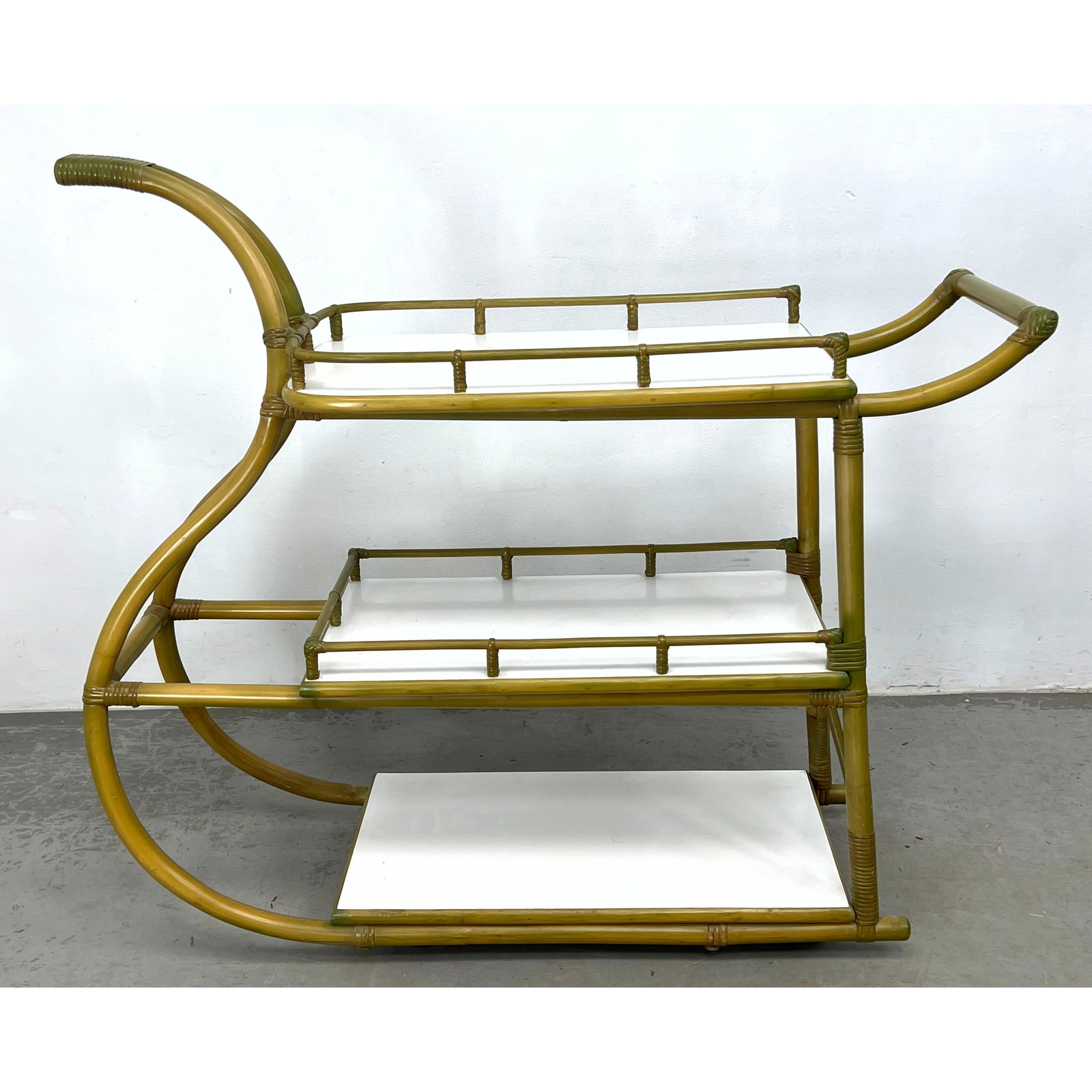Mid Century Modern 3 tier Gondola Bar Cart Server. Rattan frame. On casters. (1 of 11)