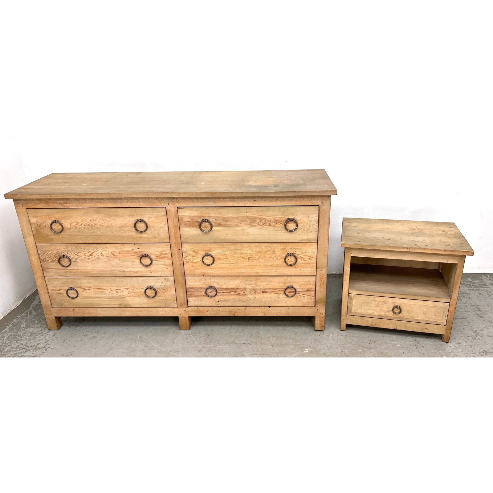 2pcs Taos Furniture Rustic Pine Furniture. Low Dresser and Night Stand.: 2pcs Taos Furniture Rustic Pine Furniture. Low Dresser and Night Stand. Dimensions: Height: 36 inches, Width: 72 inches, Depth: 21 inches. - Additional Dimensions: Night stand H: 24 inches, W: 27