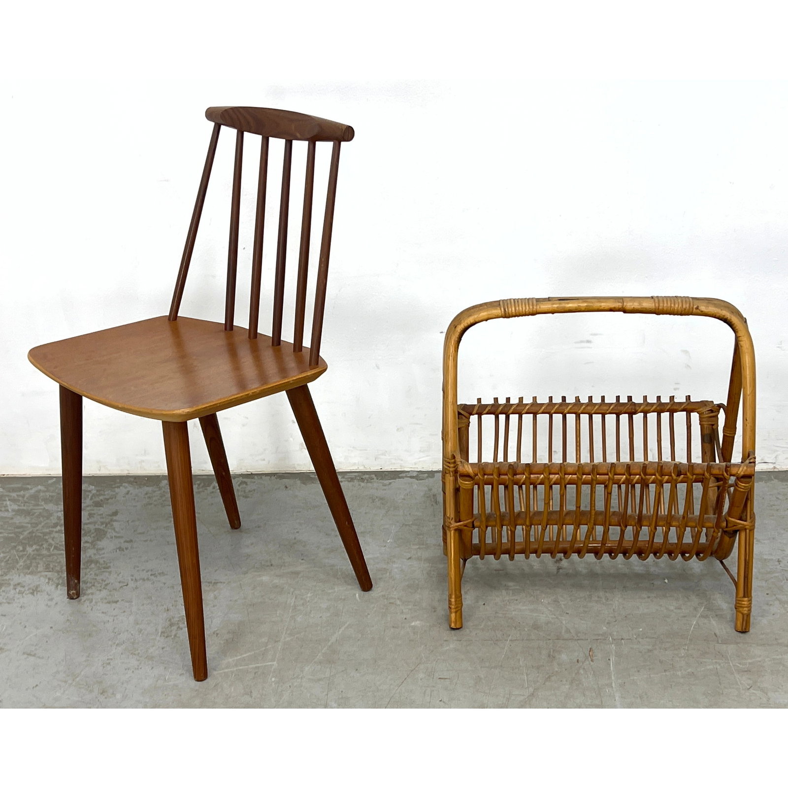 2pcs Mid Century Modern Furniture. FDB Mobler chair and Albini style magazine rack.: 2pcs Mid Century Modern Furniture. FDB Mobler chair and Albini style magazine rack. Dimensions: Height: 30.5 inches, Width: 16 inches, Depth: 18 inches. - Seat Height: 17 inches - Additional Dimension