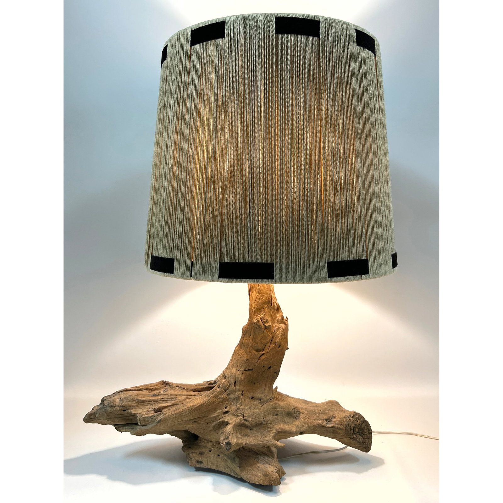 Vintage Driftwood Table Lamp with Cord Shade.: Vintage Driftwood Table Lamp with Cord Shade. Dimensions: Height: 32 inches, Width: 22 inches, Depth: 15.5 inches. ---