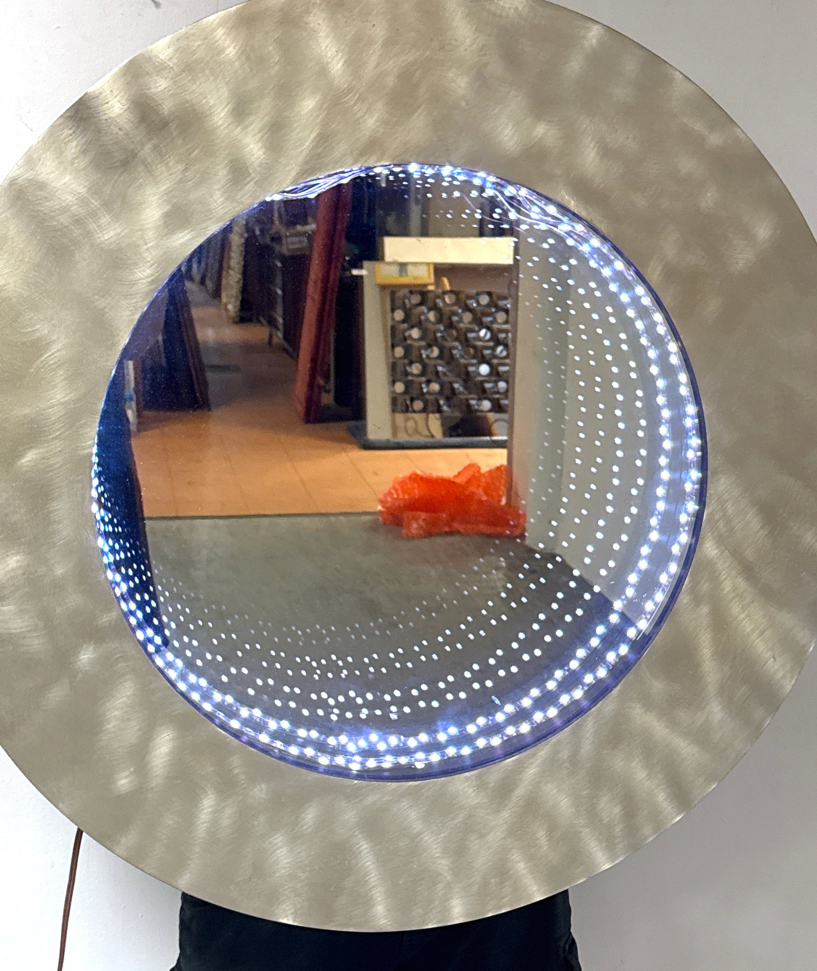 Large Round Infinity Wall Light Mirror. Brushed Metal Laminate Frame.: Large Round Infinity Wall Light Mirror. Brushed Metal Laminate Frame. Dimensions: Height: 35.5 inches, Width: 35.5 inches, Depth: 3.75 inches. ---