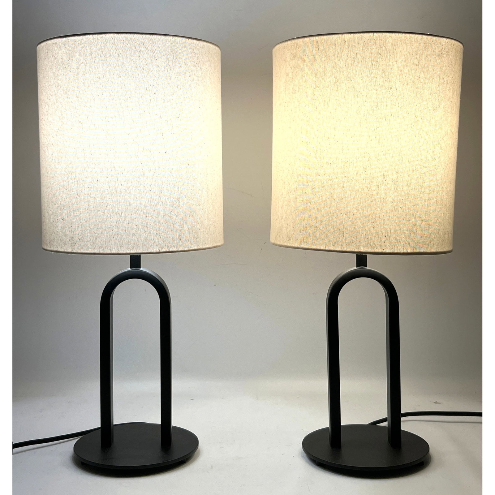 Pr MAVISTEN Edition Modernist Minimalist Table Lamps. Each with Single Arched Form on Round Base. Bl (1 of 11)