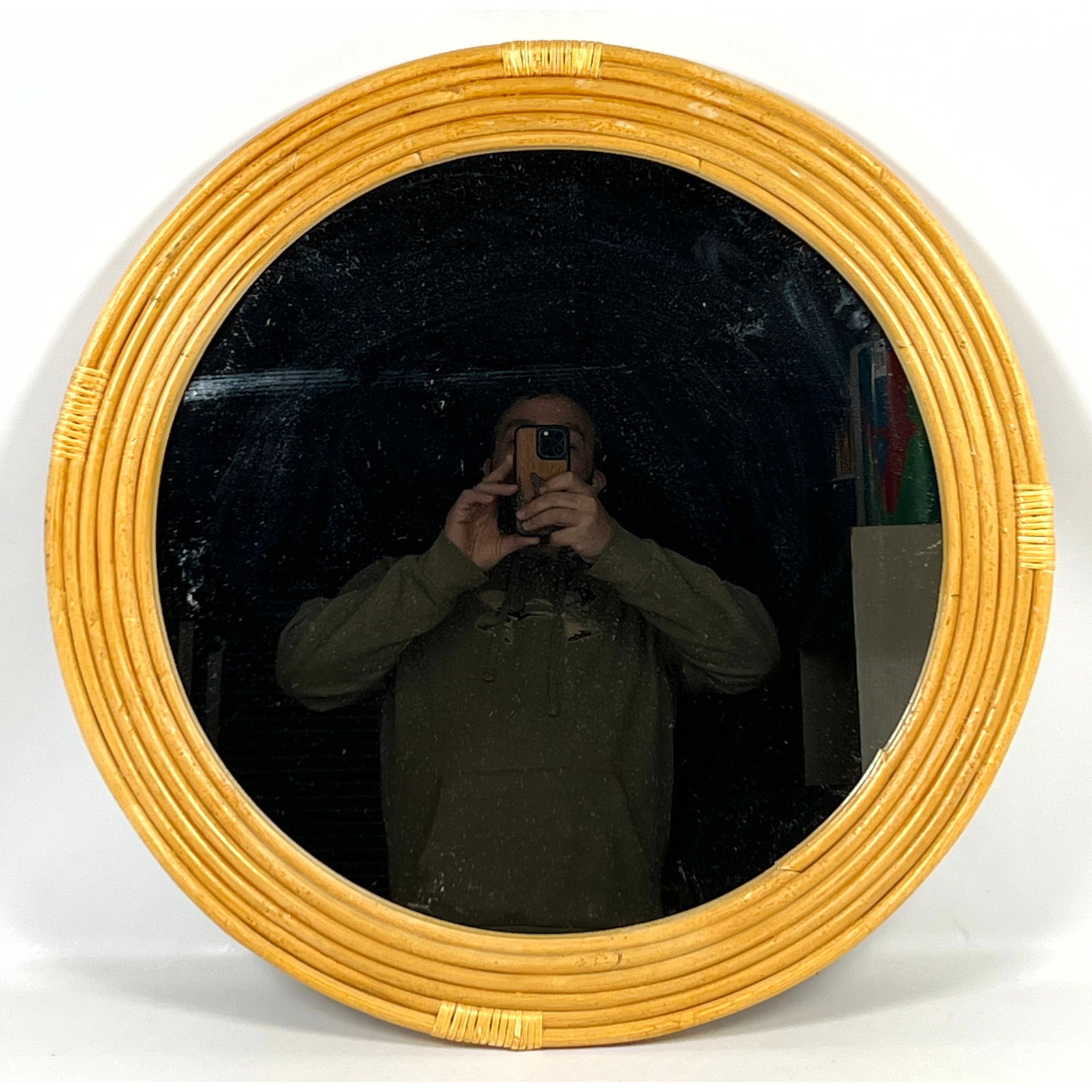 6 Band Rattan Round Wall Mirror. Cane details.: 6 Band Rattan Round Wall Mirror. Cane details. Dimensions: Height: 27 inches, Width: 27 inches. ---