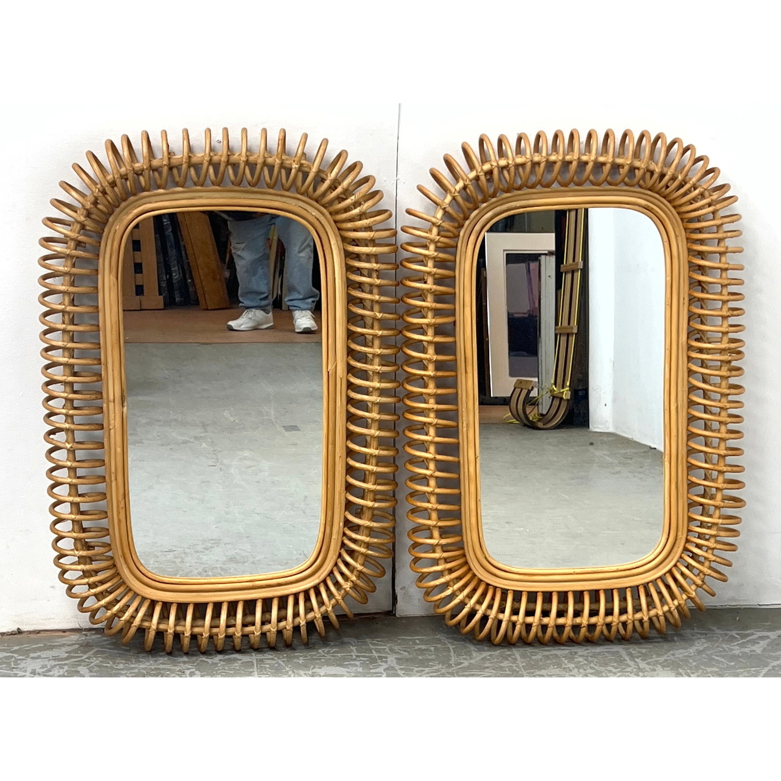Pair Rectangular Rattan Wall Mirrors in the Style of Franco Albini. Loop wrapped design. Rounded Cor (1 of 11)