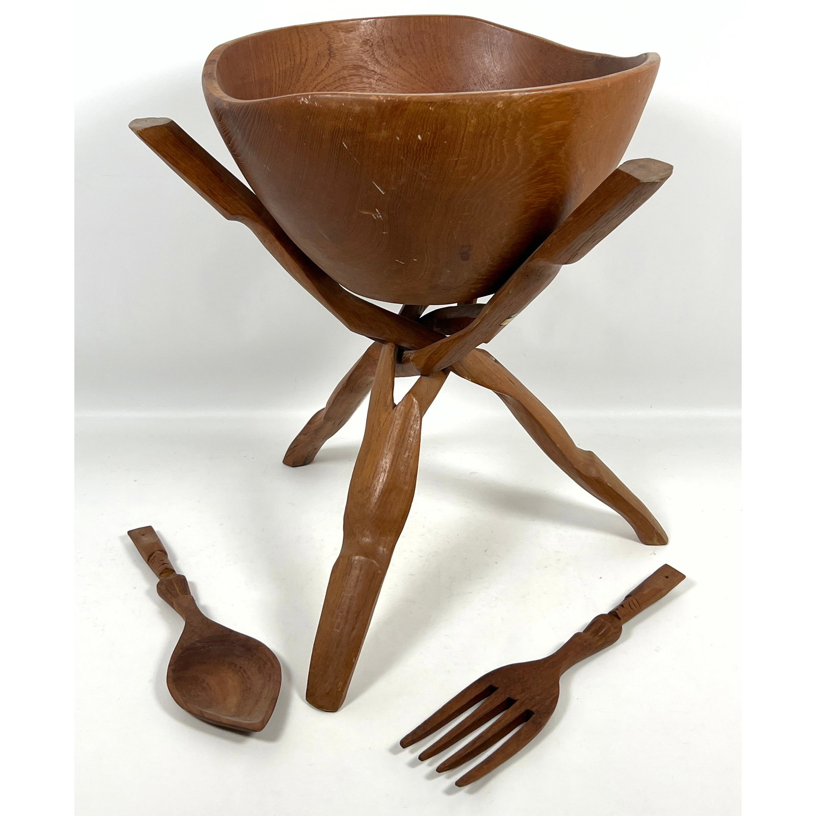 Mid Century Modern Salad Serving Set. Bowlon stand and Spoon and Fork. Dolphin Teakwood. (1 of 12)