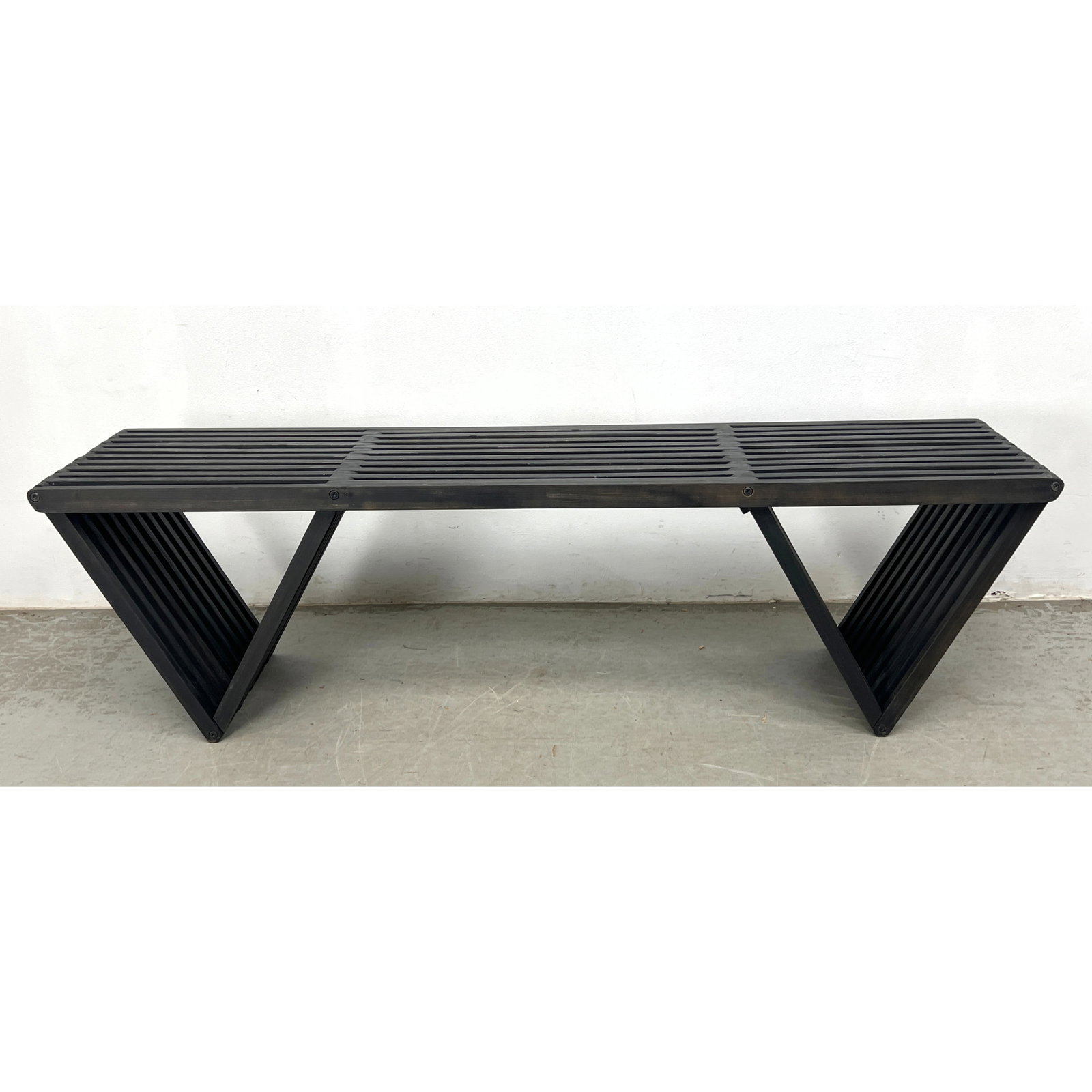 Architectural Style Slat Bench. Slats form triangle base. Ebonized finish. (1 of 9)