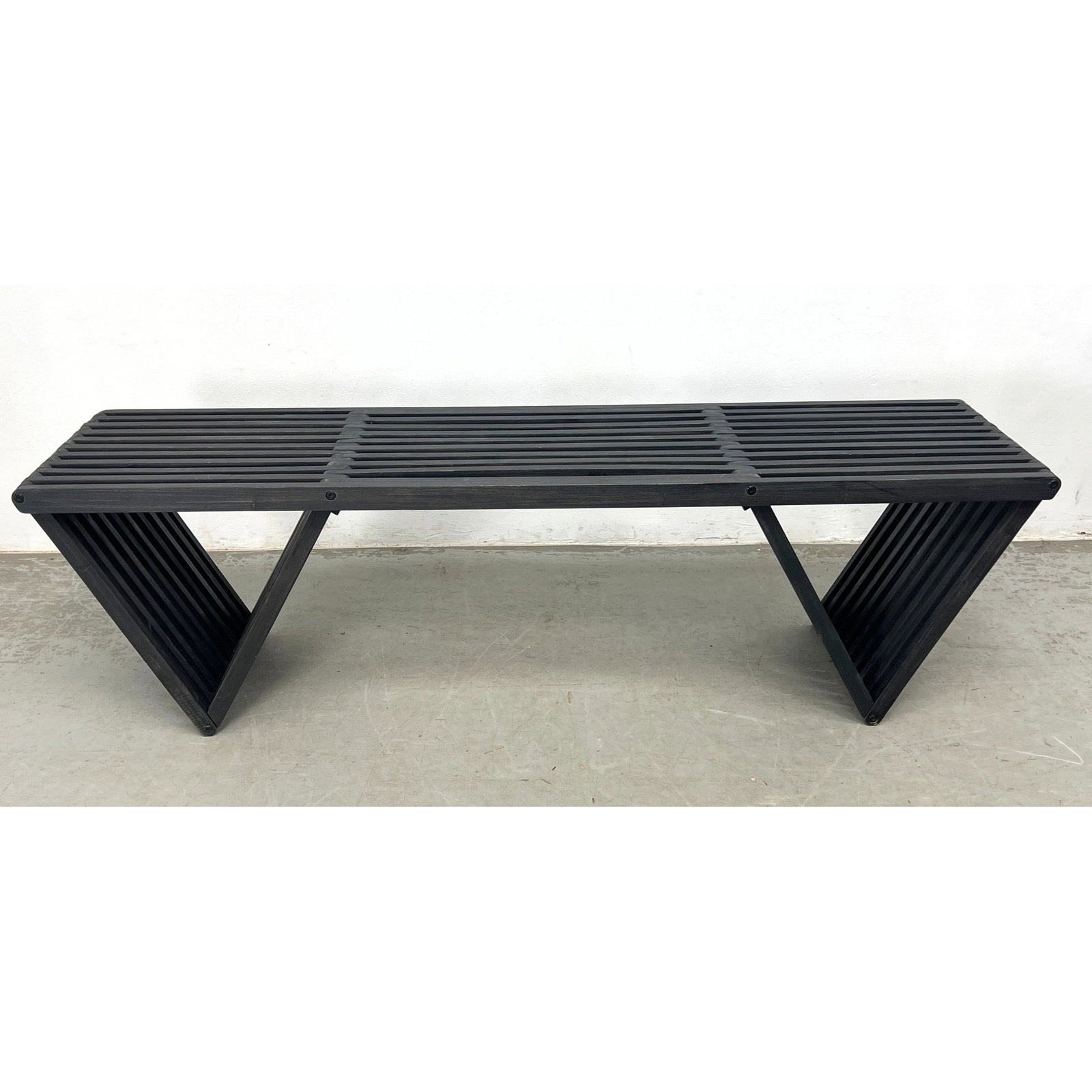 Architectural Style Slat Bench. Slats form triangle base. Ebonized finish. (1 of 8)