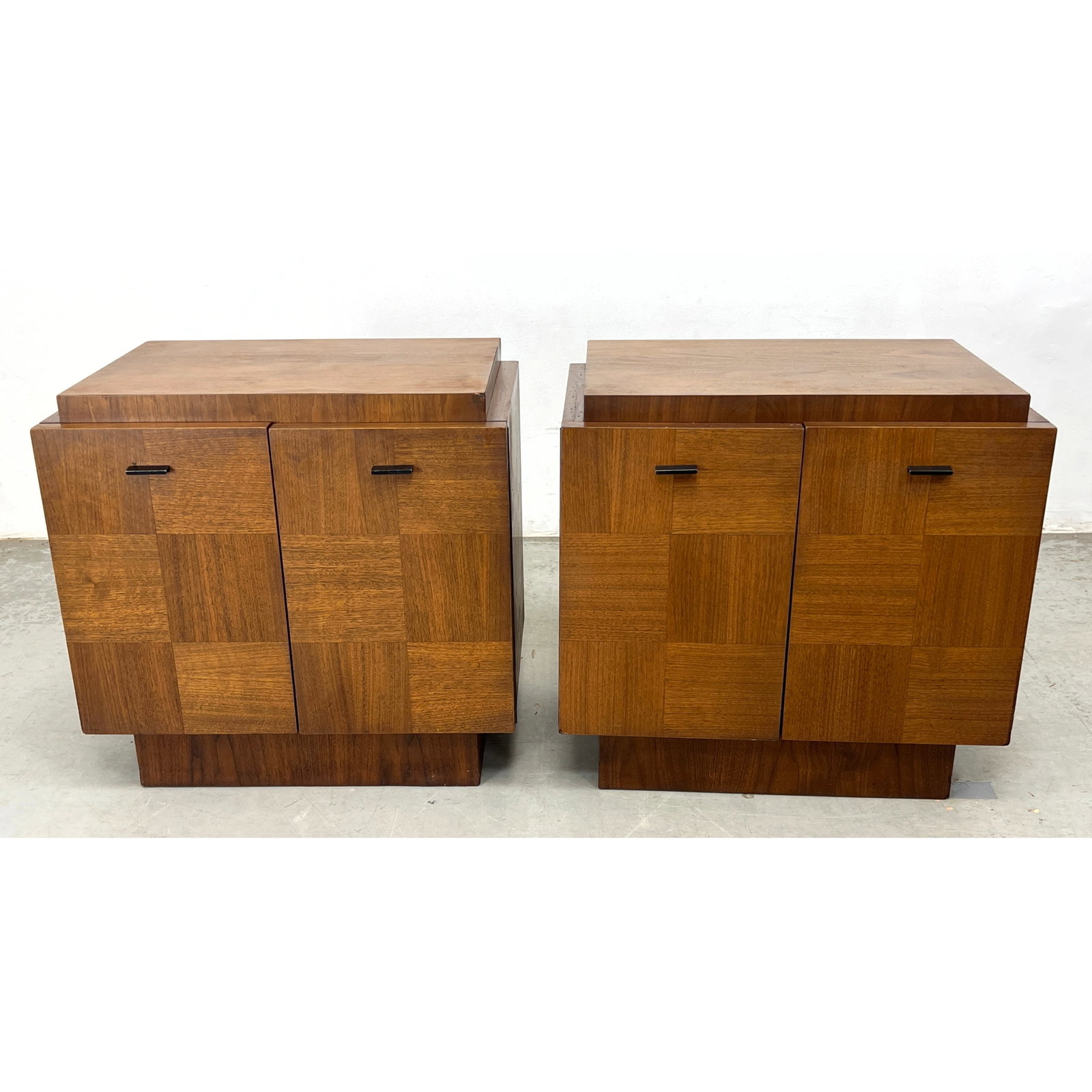 Pair Mid Century Modern Walnut Side Table Night Stands. Parquet doors.: Pair Mid Century Modern Walnut Side Table Night Stands. Parquet doors. Dimensions: Height: 25 inches, Width: 26 inches, Depth: 17 inches. ---