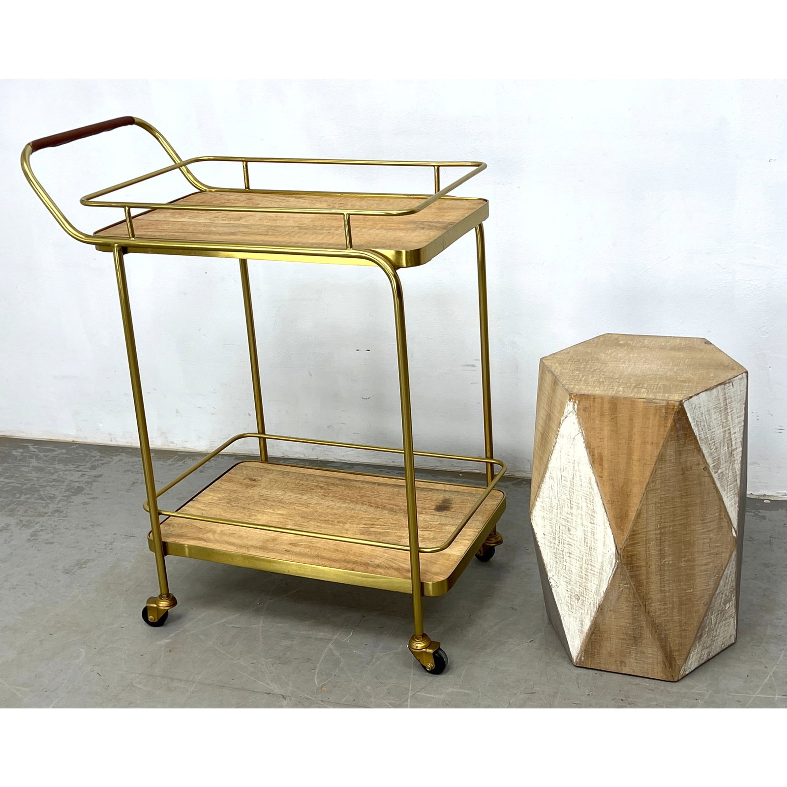 2pcs decorative furniture. Two-tier bar cart and a faceted wooden side table. (1 of 11)