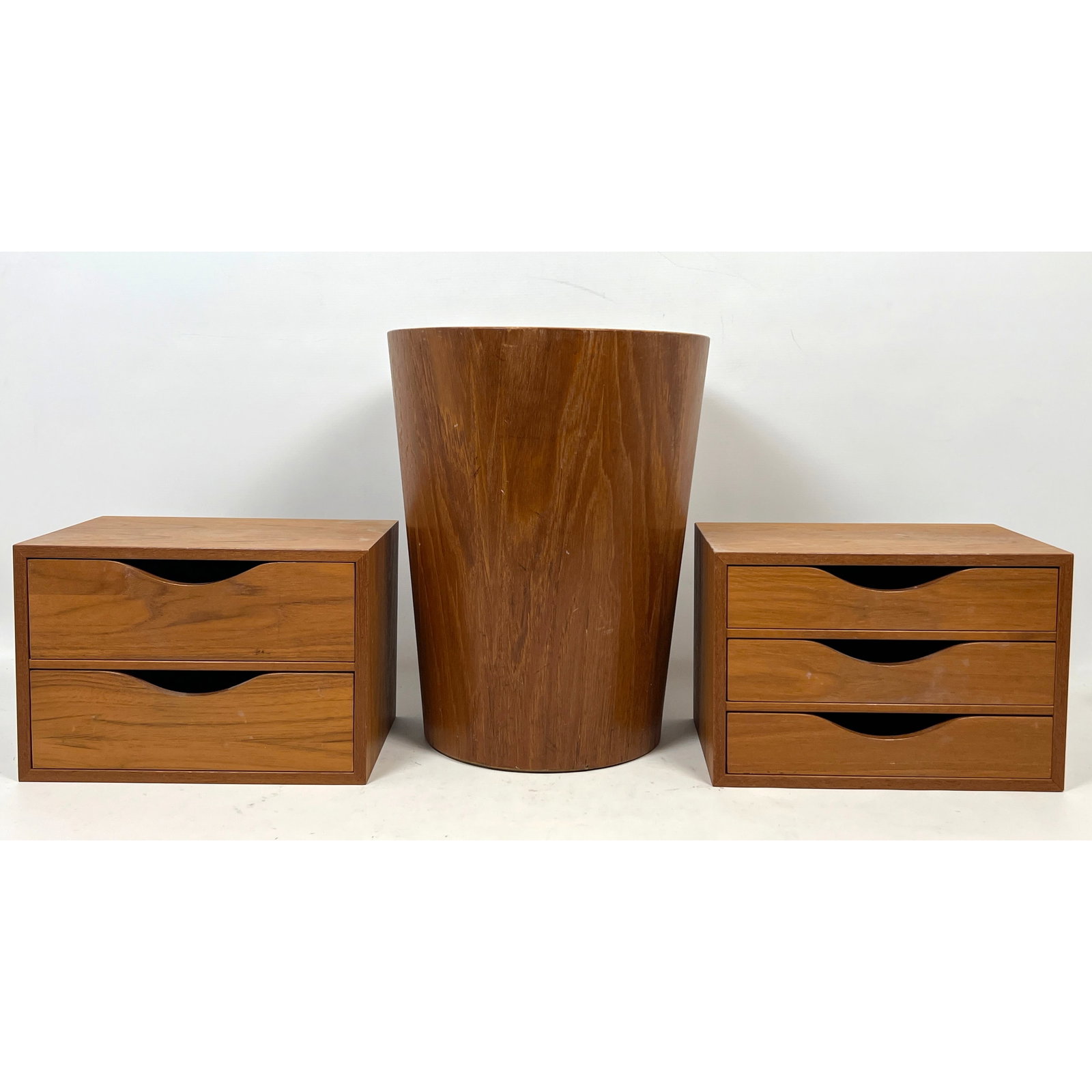 3pcs. Danish Modern 2 Teak Mini Drawers Desk Storage, Swedish Teak Bentwood Wastebasket: 3pcs. Danish Modern 2 Teak Mini Drawers Desk Storage, Swedish Teak Bentwood Wastebasket Dimensions: Height: 13 inches, Width: 10 inches, Depth: 10 inches. ---