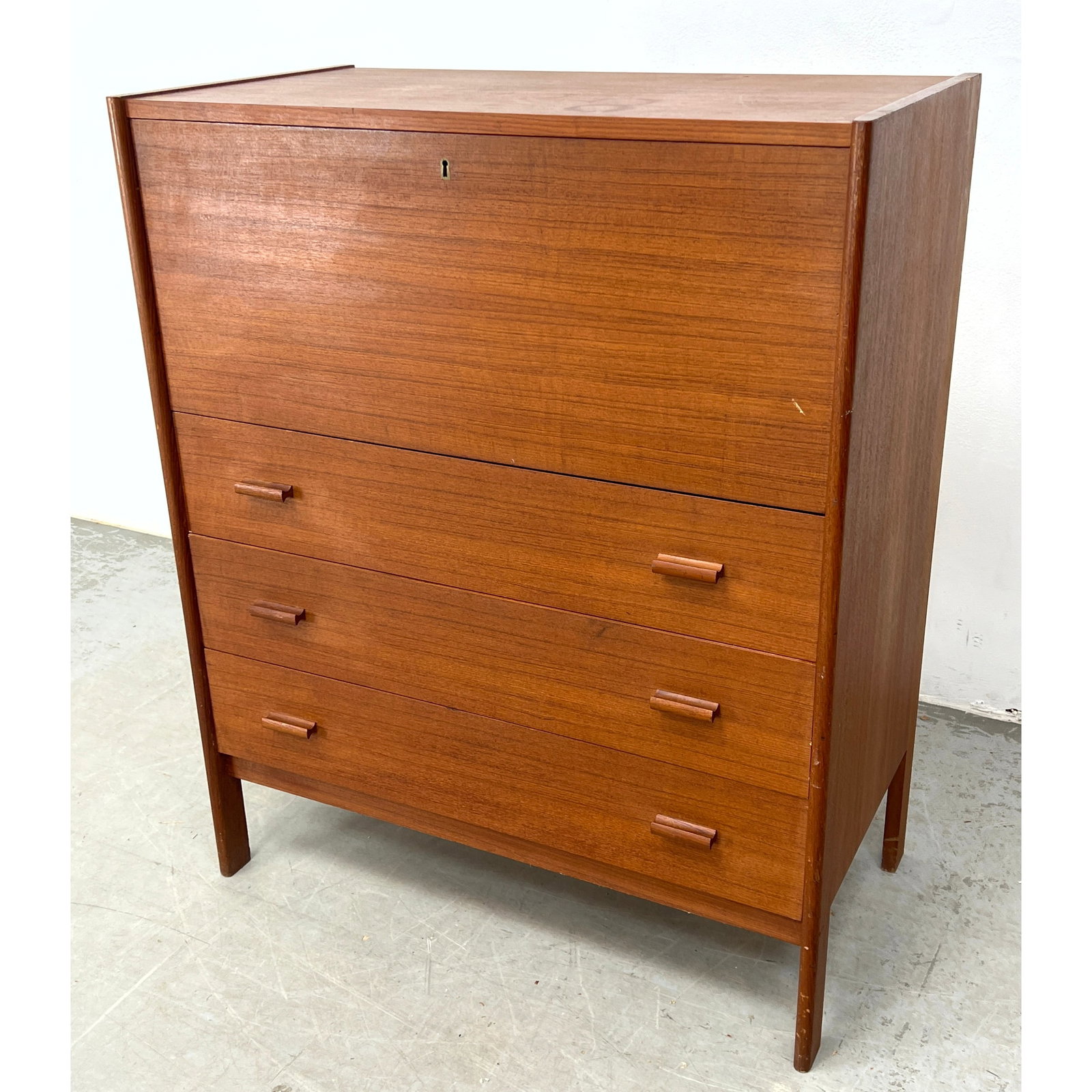Danish Modern Teak Gentlemans Chest with Drop-Front Sliding Mirror, Labeled. Has fitted interior beh: Danish Modern Teak Gentlemans Chest with Drop-Front Sliding Mirror, Labeled. Has fitted interior behind drop writing surface. Dimensions: Height: 41 inches, Width: 33.5 inches, Depth: 18.5 inches. ---