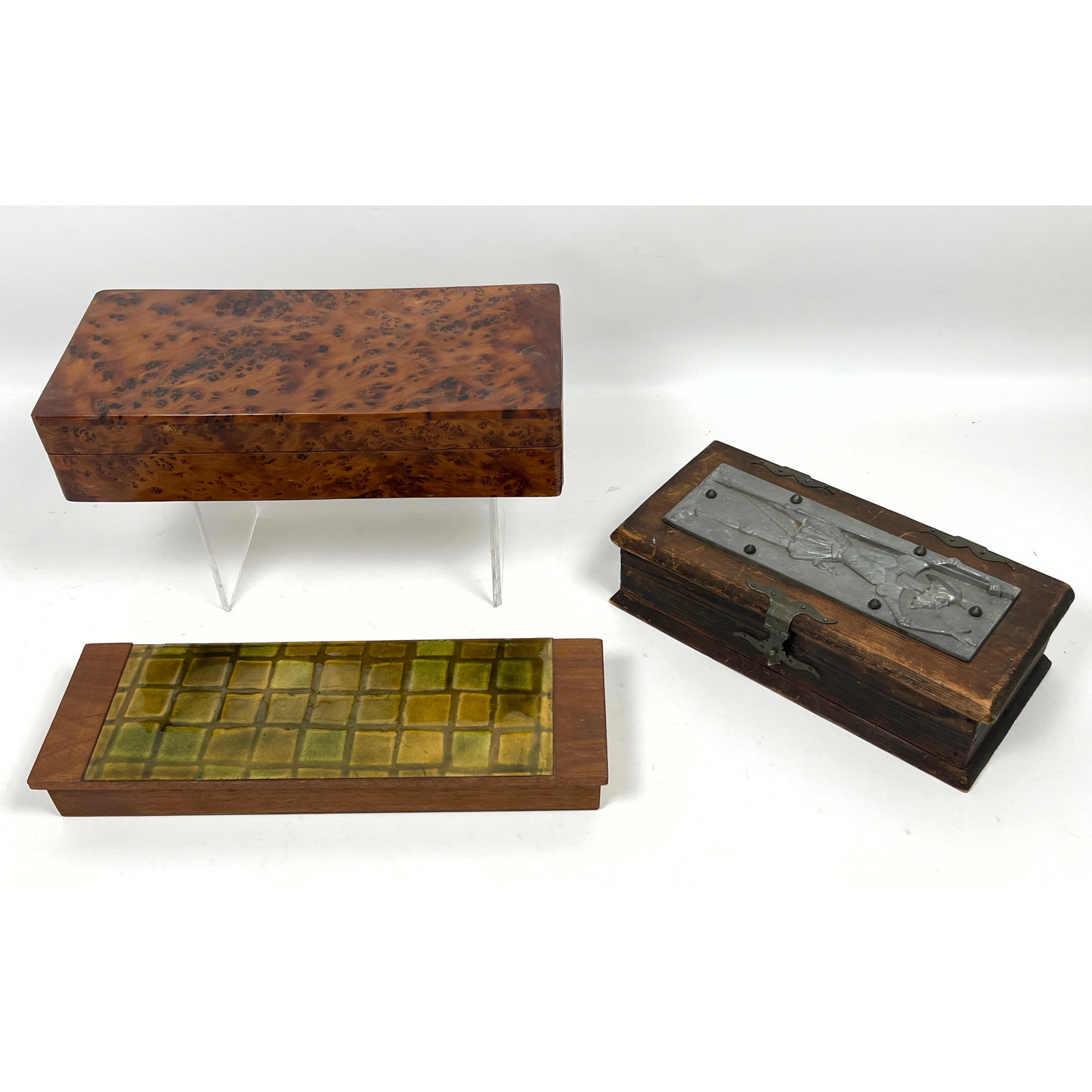 3 Vintage Decorative Boxes, Burl Walnut Wood, Enamel Copper Top Wood Box, Pewter Don Quijote Wood Bo (1 of 18)