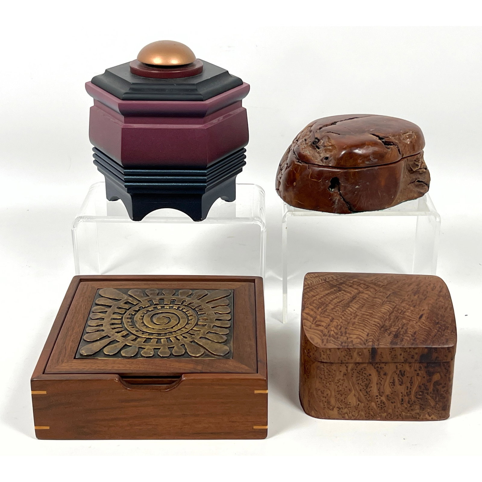 4pcs Covered Boxes. Burl wood, Teresa Howley decorated box, Natural burl, Andres Chutyk Hexagonal bo (1 of 20)