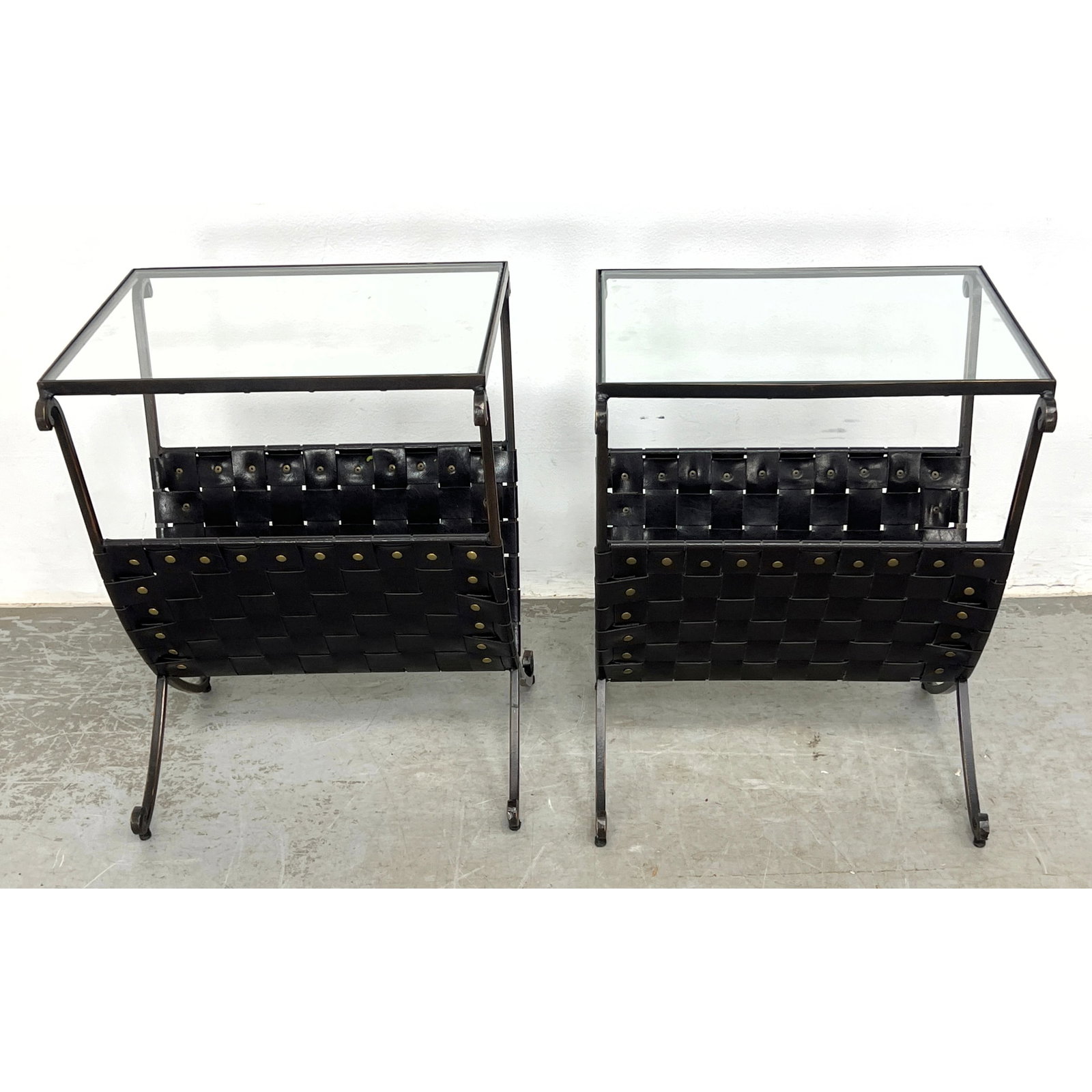 Pair of side tables with integrated magazine racks designed in a Neoclassical style. Iron glass and (1 of 11)