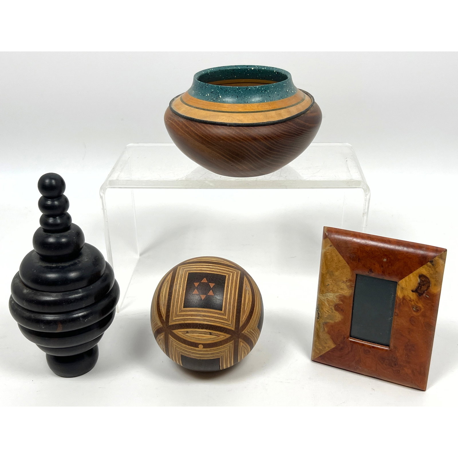 4pcs Studio Handcrafted wooden Objects. Jacques Vesery, Puzzle Box, Burl wood Frame.: 4pcs Studio Handcrafted wooden Objects. Jacques Vesery, Puzzle Box, Burl wood Frame. Dimensions: Height: 6 inches, Width: 3 inches, Depth: 3 inches. ---
