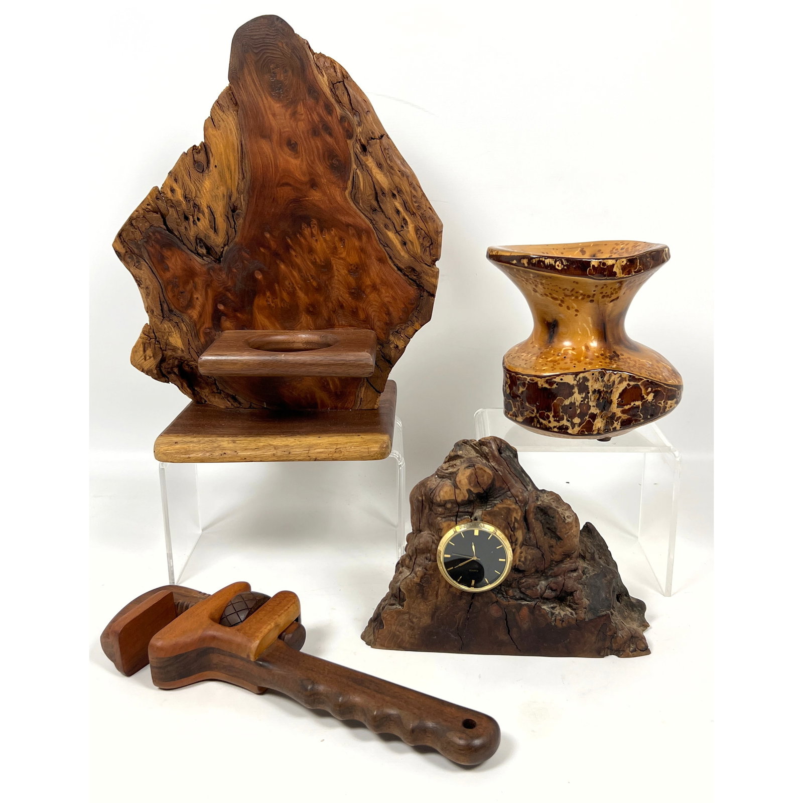 4pcs Artisan wood. Functional Wood Monkey Wrench, Myrtlewood Vase, Charles Elkan Clock, Larry Ricci. (1 of 19)