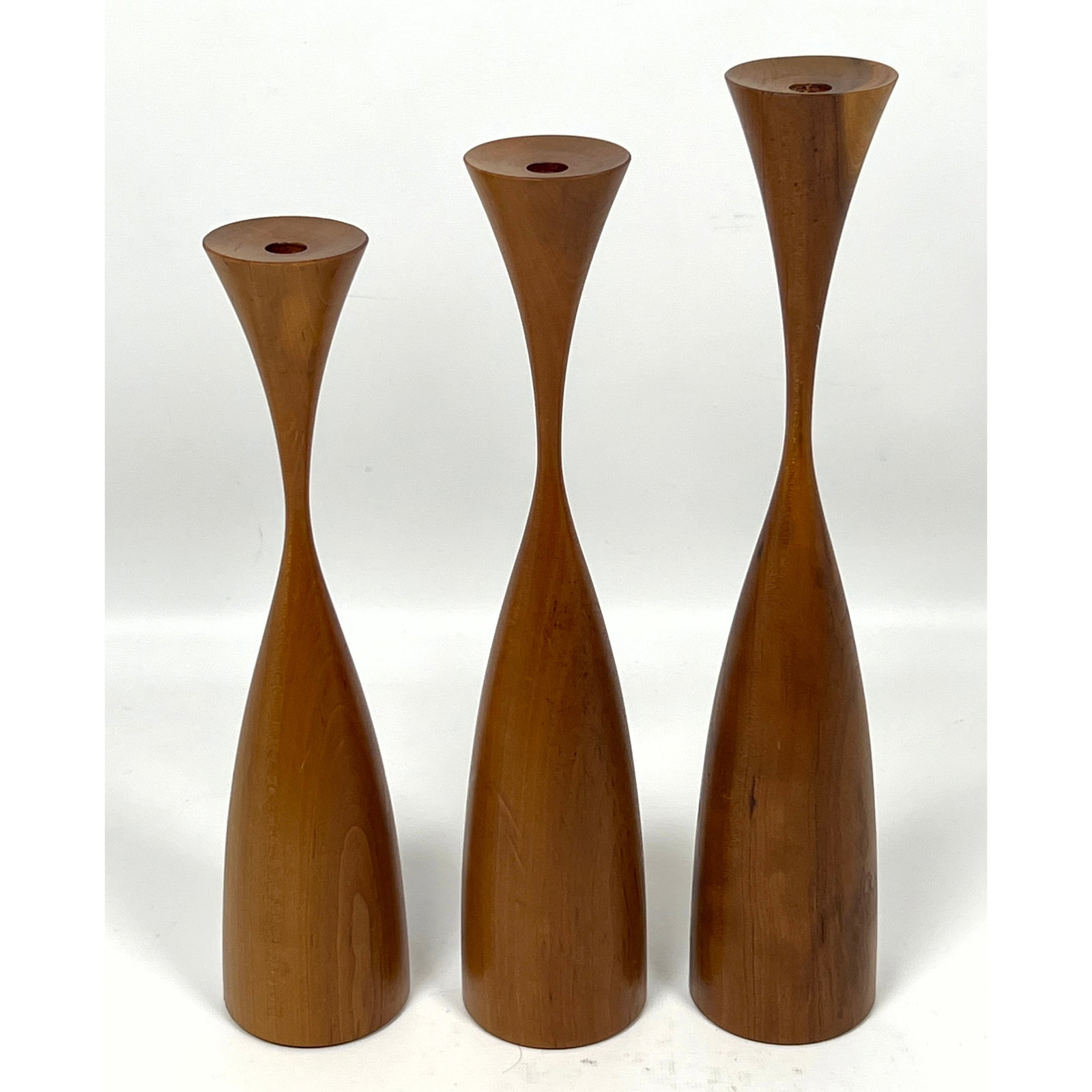 Set 3 Rude Osolnik Style Walnut Turned Candleholders, Sculptural Delicate Design,: Set 3 Rude Osolnik Style Walnut Turned Candleholders, Sculptural Delicate Design, Dimensions: Height: 13 inches, Width: 2.5 inches, Depth: 2.5 inches. ---