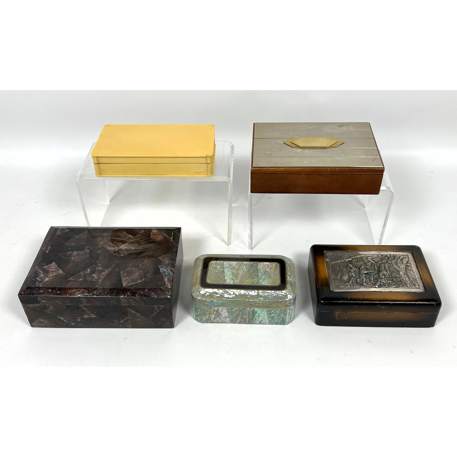 5pcs Dresser Boxes. Vintage Decorative Boxes. Celluloid, wood, metal, mother of pearl. (1 of 20)
