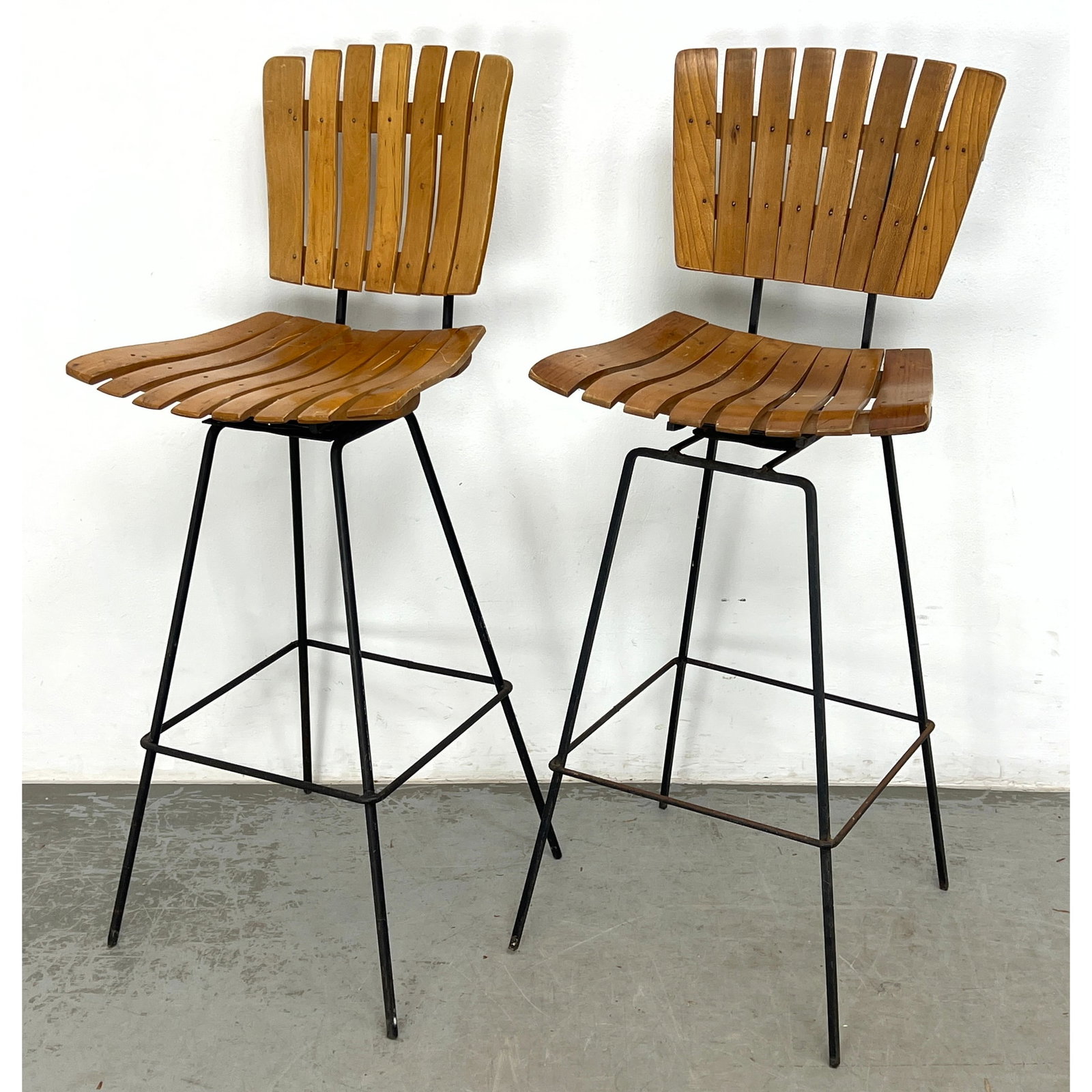 Pair Arthur Umanoff Wood Slat and Iron Bar Stools. Swivel (1 of 7)