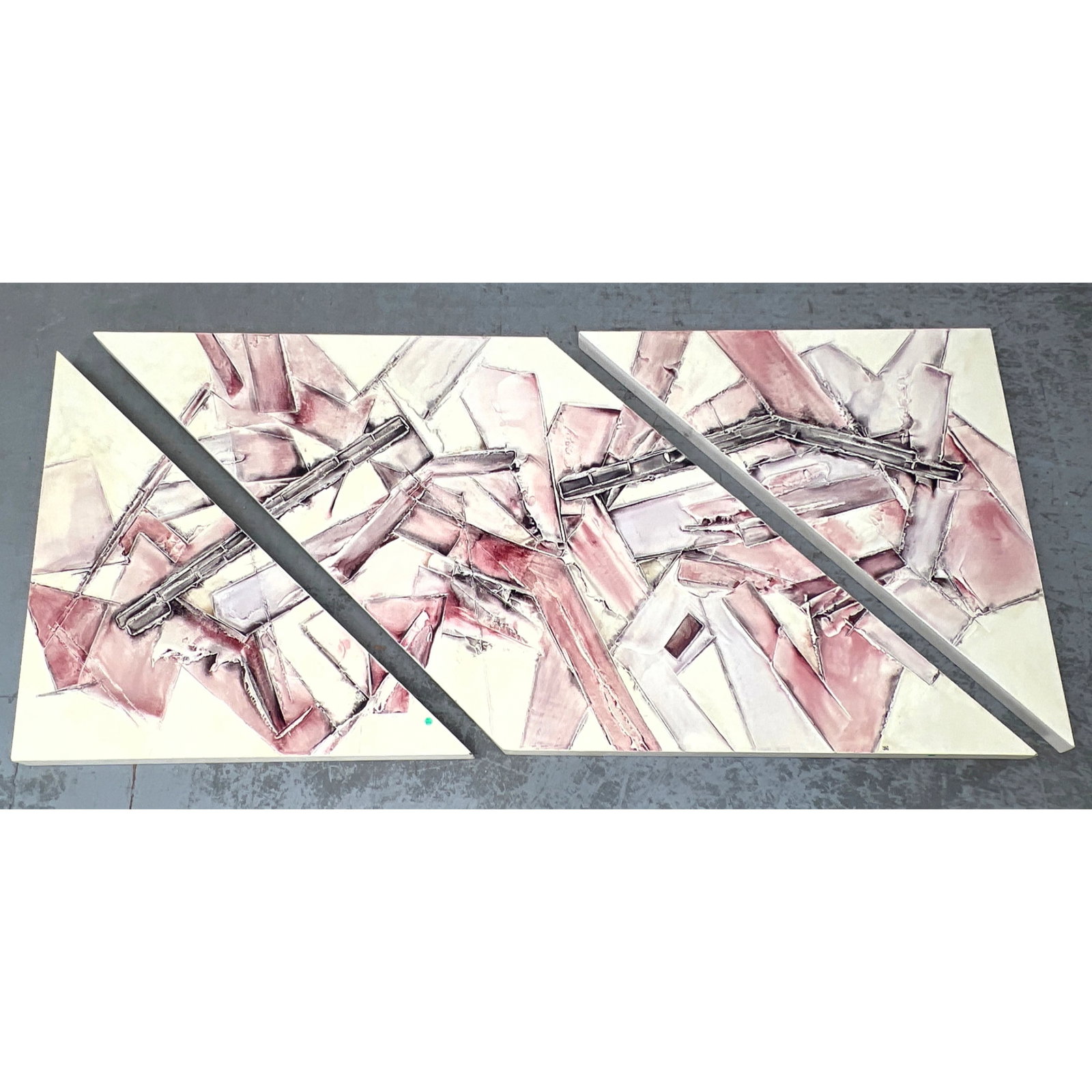 3pcs JAI Large Scale Abstract Mixed Media Painting.: 3pcs JAI Large Scale Abstract Mixed Media Painting. Dimensions: Height: 45 inches, Width: 96 inches. - Additional Dimensions: Smaller triangles H: 45.5 inches, W: 43 inches ---