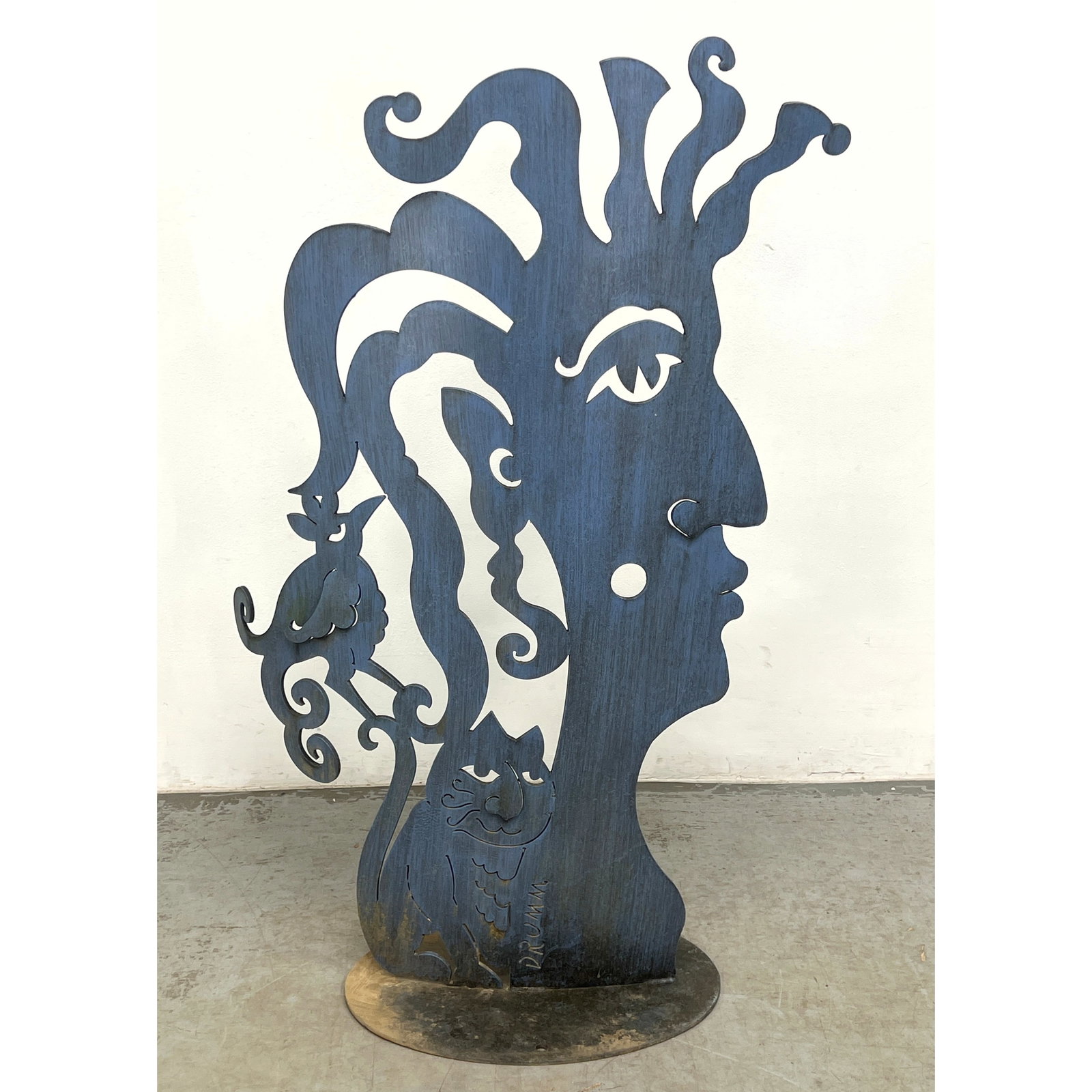Large Don Drumm Figural Garden Sculpture. Donald Drum. Painted finish.: Large Don Drumm Figural Garden Sculpture. Donald Drum. Painted finish. Dimensions: Height: 48 inches, Width: 31 inches, Depth: 14 inches. ---