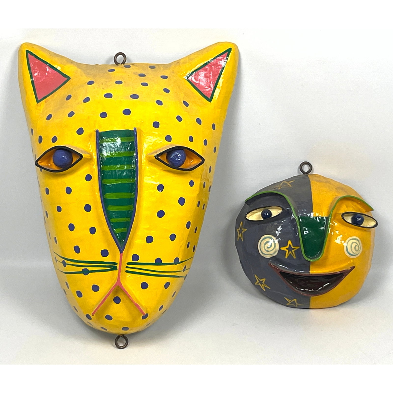 2pcs Hand-painted papier-mache wall masks by artist Gina Truex,: 2pcs Hand-painted papier-mache wall masks by artist Gina Truex, Dimensions: Height: 14.5 inches, Width: 10.25 inches, Depth: 5 inches. --- US Packing and Shipping charge: In house shipping available.