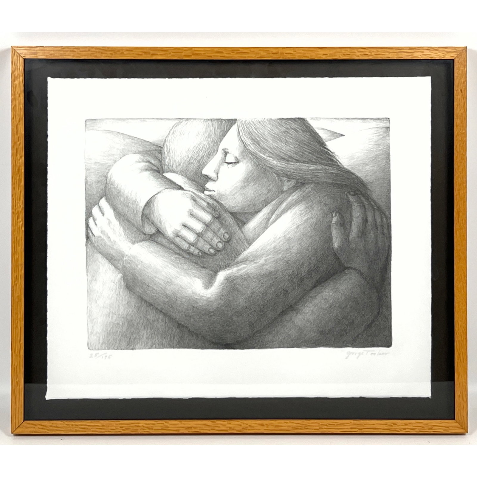 GEORGE TOOKER Lithograph of Couple Hugging. "The Embrace". Pencil Signed, 25/175.: GEORGE TOOKER Lithograph of Couple Hugging. "The Embrace". Pencil Signed, 25/175. Dimensions: Frame Height: 19.75 inches, Frame Width: 23.5 inches. - Image Size: Image Height: 16 inches, Image Width: