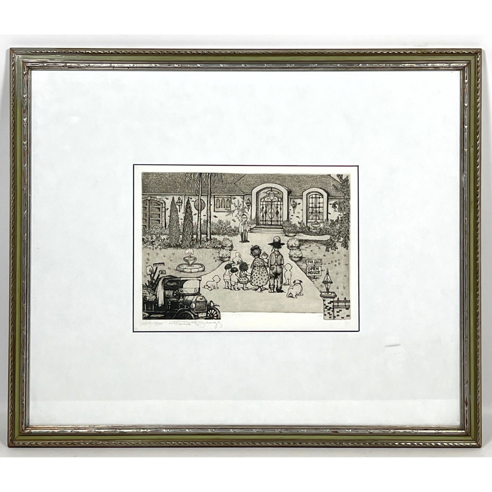 CHARLES BRAGG Etching. "For Sale: Open House". Pencil Signed; #282/300.: CHARLES BRAGG Etching. "For Sale: Open House". Pencil Signed; #282/300. Dimensions: Frame Height: 18.5 inches, Frame Width: 22 inches. - Image Size: Image Height: 7.5 inches, Image Width: 10.5