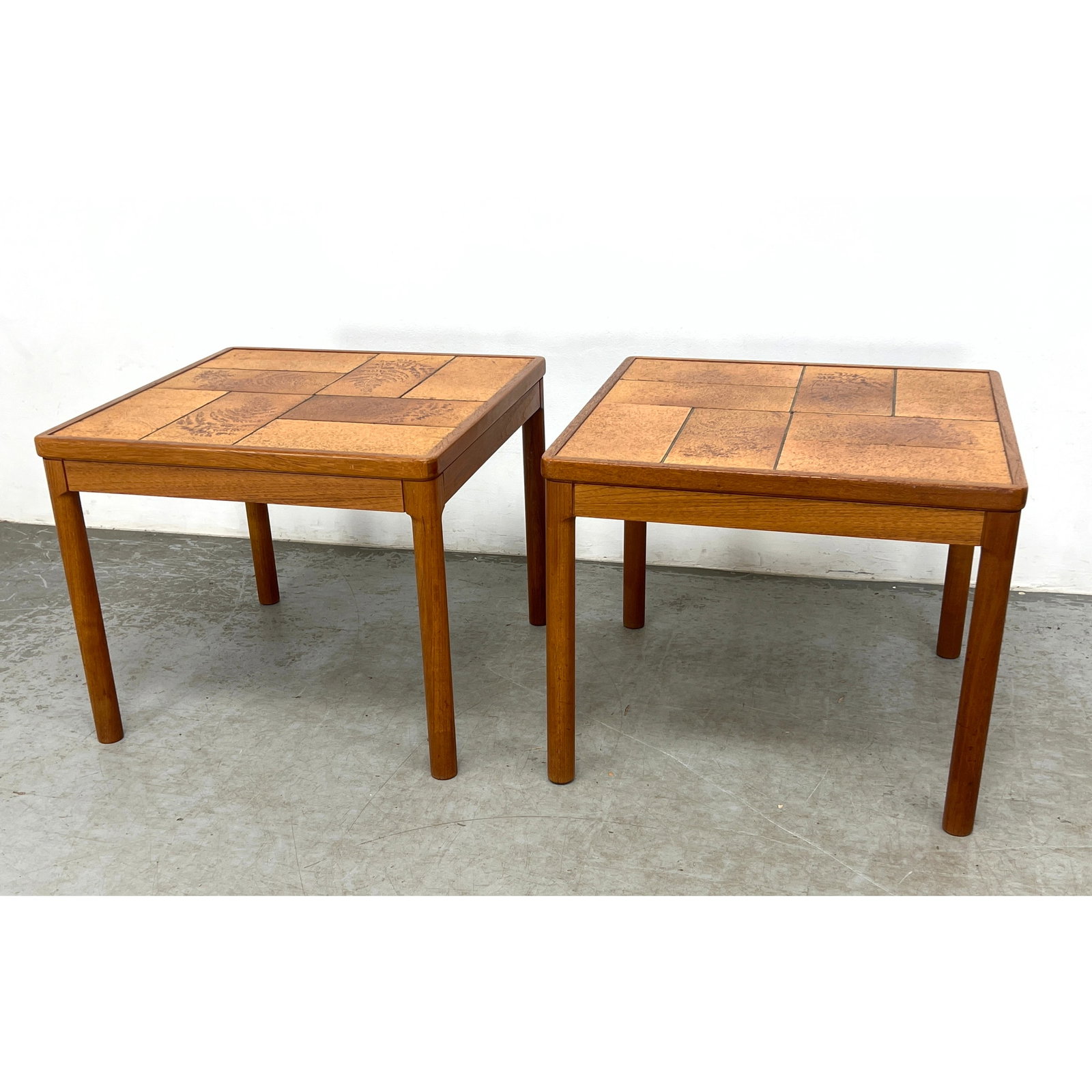 Pr Trioh Danish Modern Teak and Carved Tile Side Tables. Fern Leaf design.: Pr Trioh Danish Modern Teak and Carved Tile Side Tables. Fern Leaf design. Dimensions: Height: 21 inches, Width: 25.5 inches, Depth: 25.5 inches. ---
