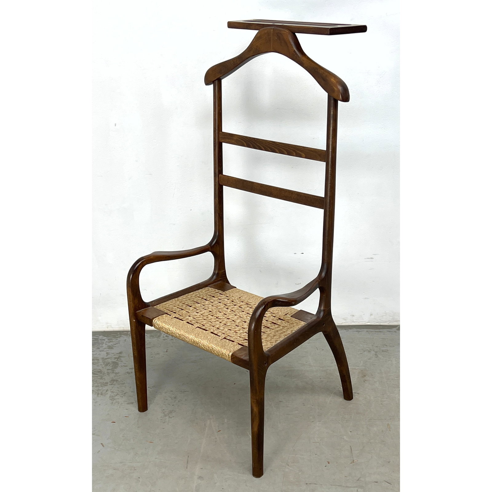Amcrest Mid-Century Modern Sculpted Wood Gentleman's Clothing Valet Butler Chair Cord Seat.: Amcrest Mid-Century Modern Sculpted Wood Gentleman's Clothing Valet Butler Chair Cord Seat. Dimensions: Height: 45.5 inches, Width: 22 inches, Depth: 20 inches. - Seat Height: 13 inches ---