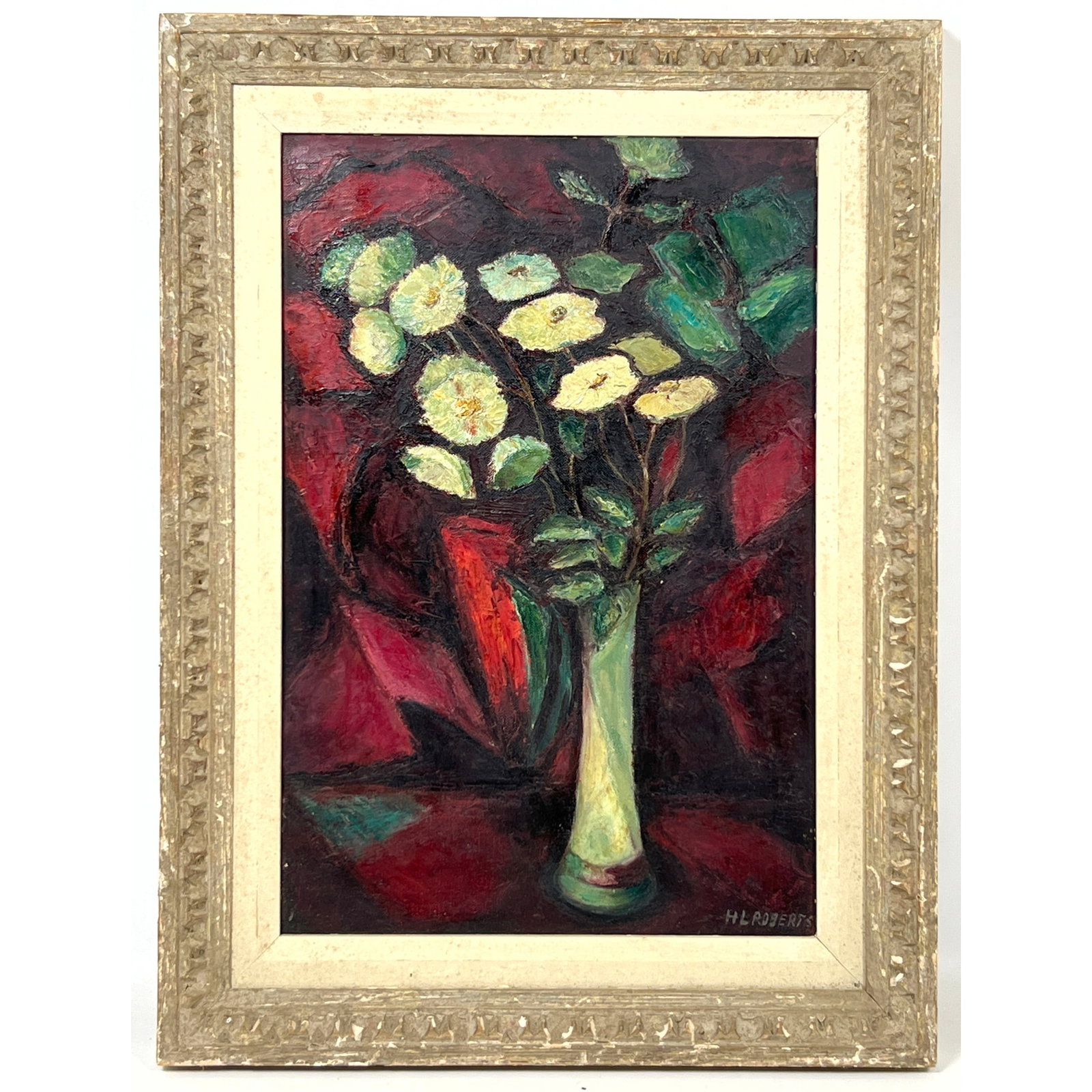 Oil painting on canvas. Modernist botanical. Signed Roberts. Gallery stamp and label.: Oil painting on canvas. Modernist botanical. Signed Roberts. Gallery stamp and label. Dimensions: Frame Height: 22.5 inches, Frame Width: 16.25 inches. - Image Size: Image Height: 18 inches, Image Wid