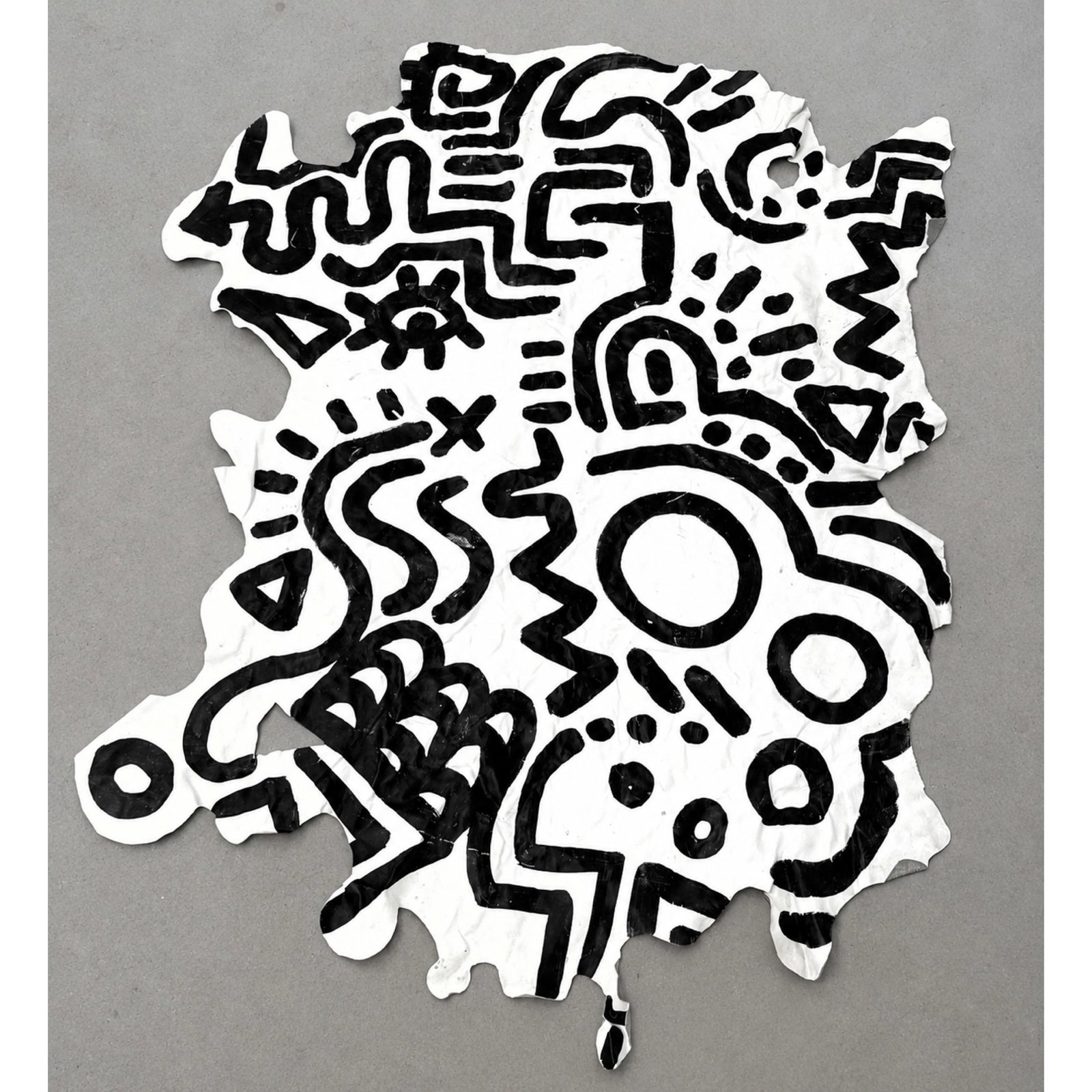 Large vintage Keith Haring style painting on leather hide: Large vintage Keith Haring style painting on leather hide Dimensions: Height: 53 inches, Width: 44 inches. --- US Packing and Shipping charge: In house shipping available. Will be calculated once dest