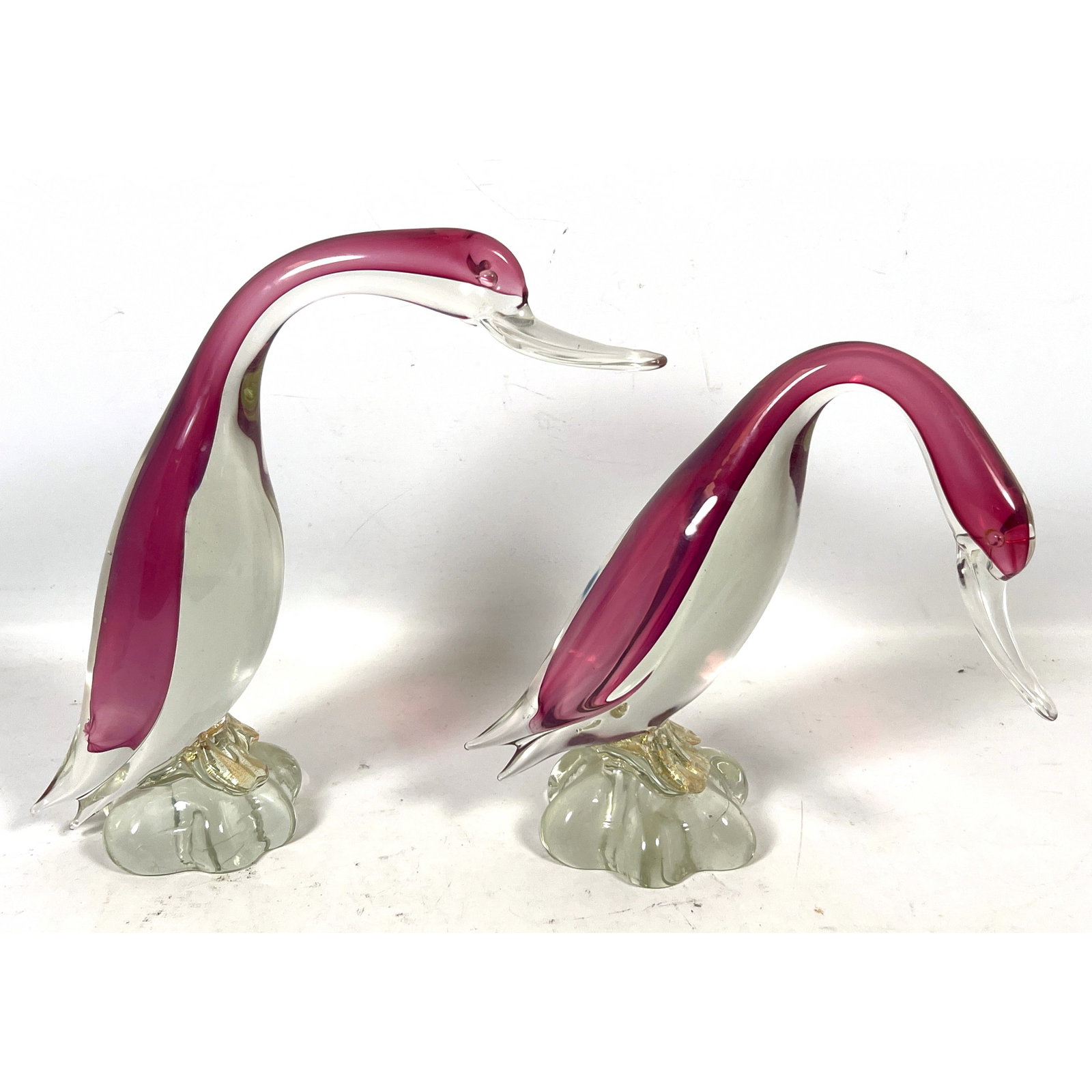 Pair Large Murano Art Glass Bird Sculptures. Hand Blown.: Pair Large Murano Art Glass Bird Sculptures. Hand Blown. Dimensions: Height: 12 inches, Width: 12 inches, Depth: 3.75 inches. ---