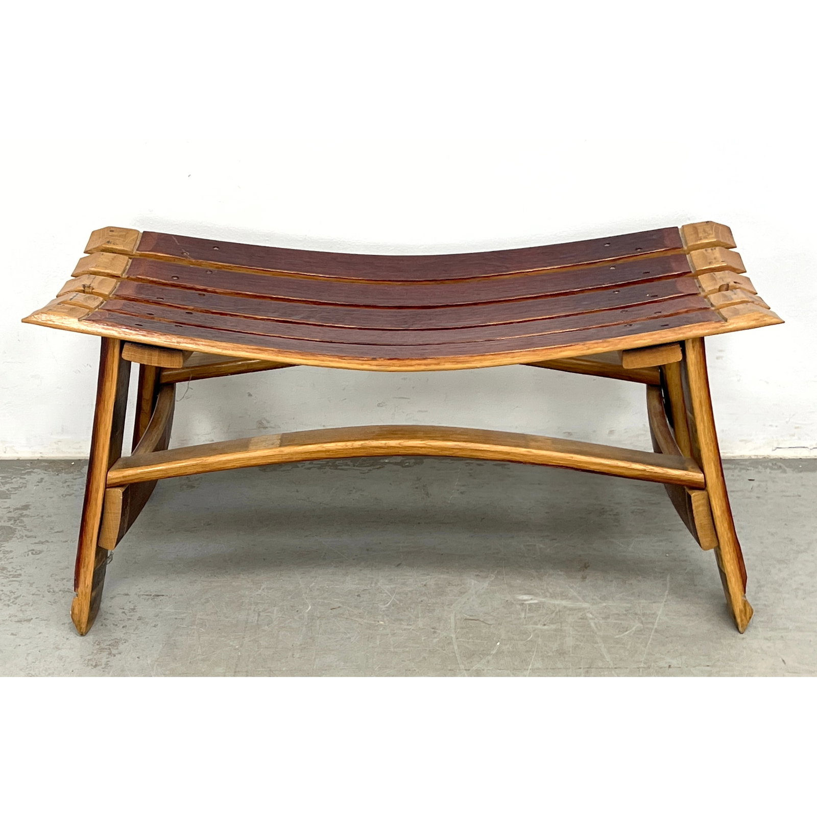 Rustic Curved Top Bench Constructed from Wine Barrel Staves. Unique Design.: Rustic Curved Top Bench Constructed from Wine Barrel Staves. Unique Design. Dimensions: Height: 17.5 inches, Width: 36.75 inches, Depth: 15.25 inches. - Seat Height: 15 inches ---