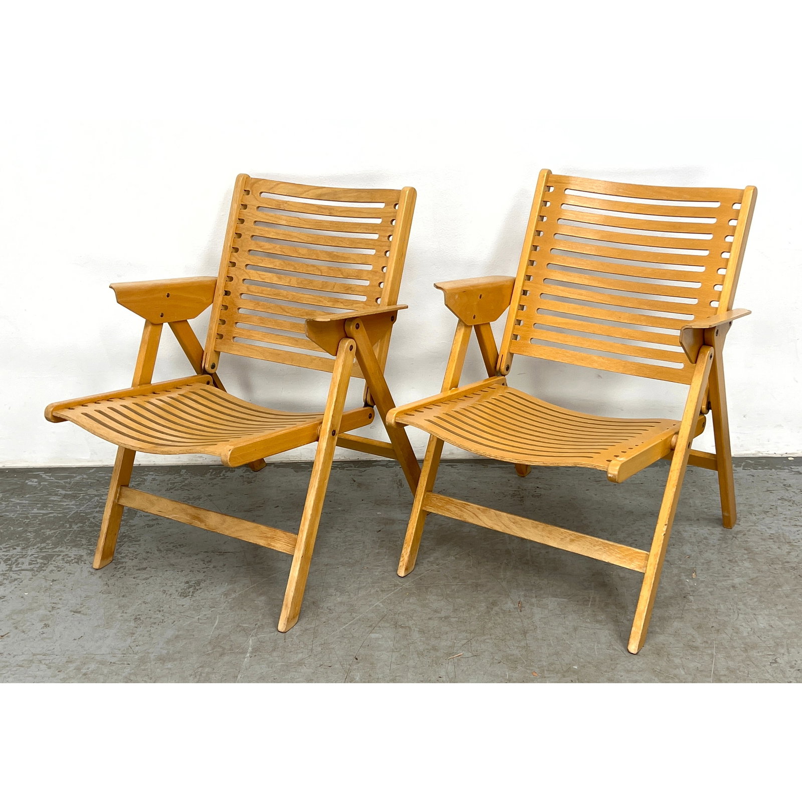 Pair Rex Folding Armchair by Niko Kralj for Stol Kamnik. Unmarked.: Pair Rex Folding Armchair by Niko Kralj for Stol Kamnik. Unmarked. Dimensions: Height: 29 inches, Width: 22 inches, Depth: 28 inches. - Seat Height: 14.5 inches ---
